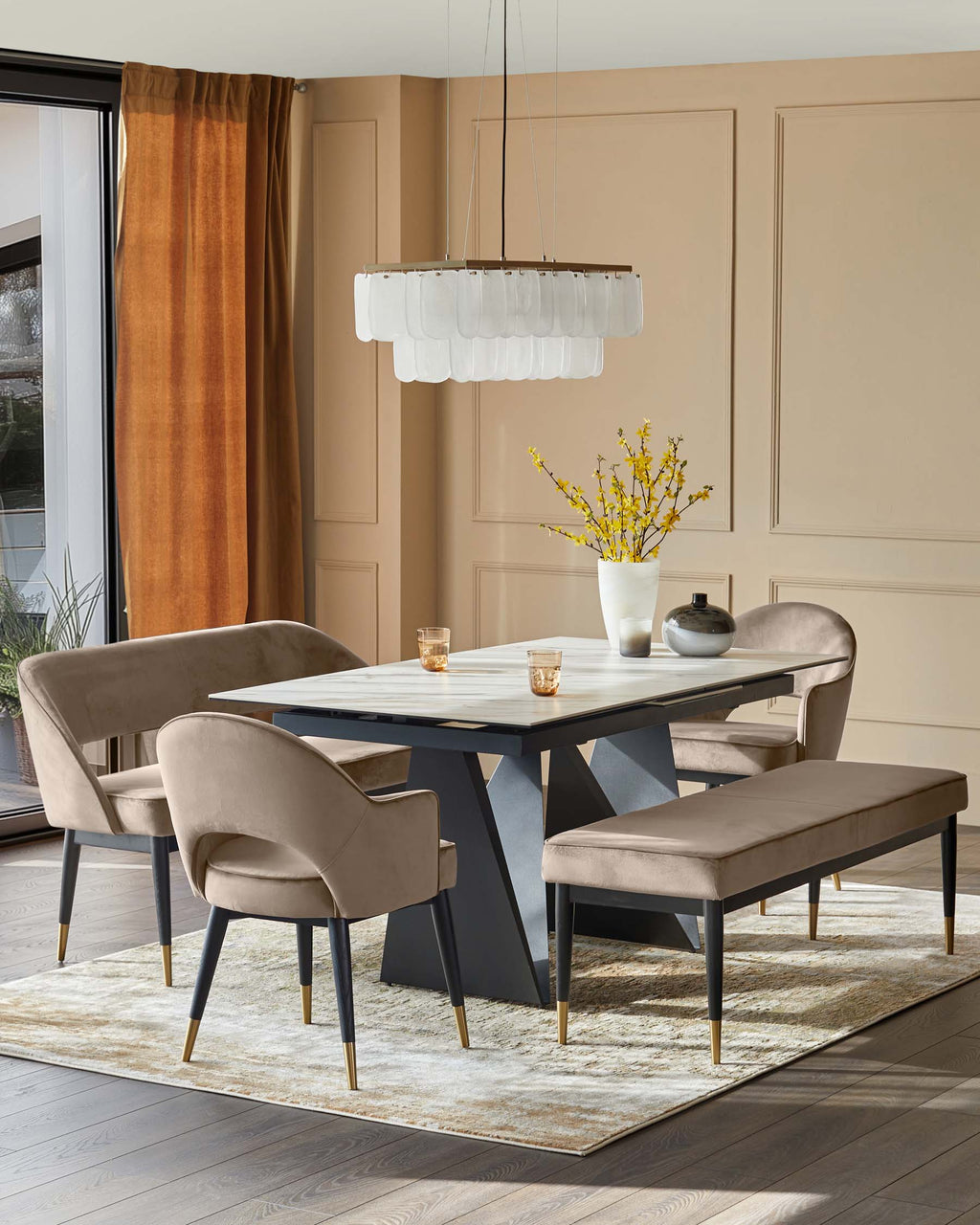 Clover Champagne Velvet Dining Bench With Backrest