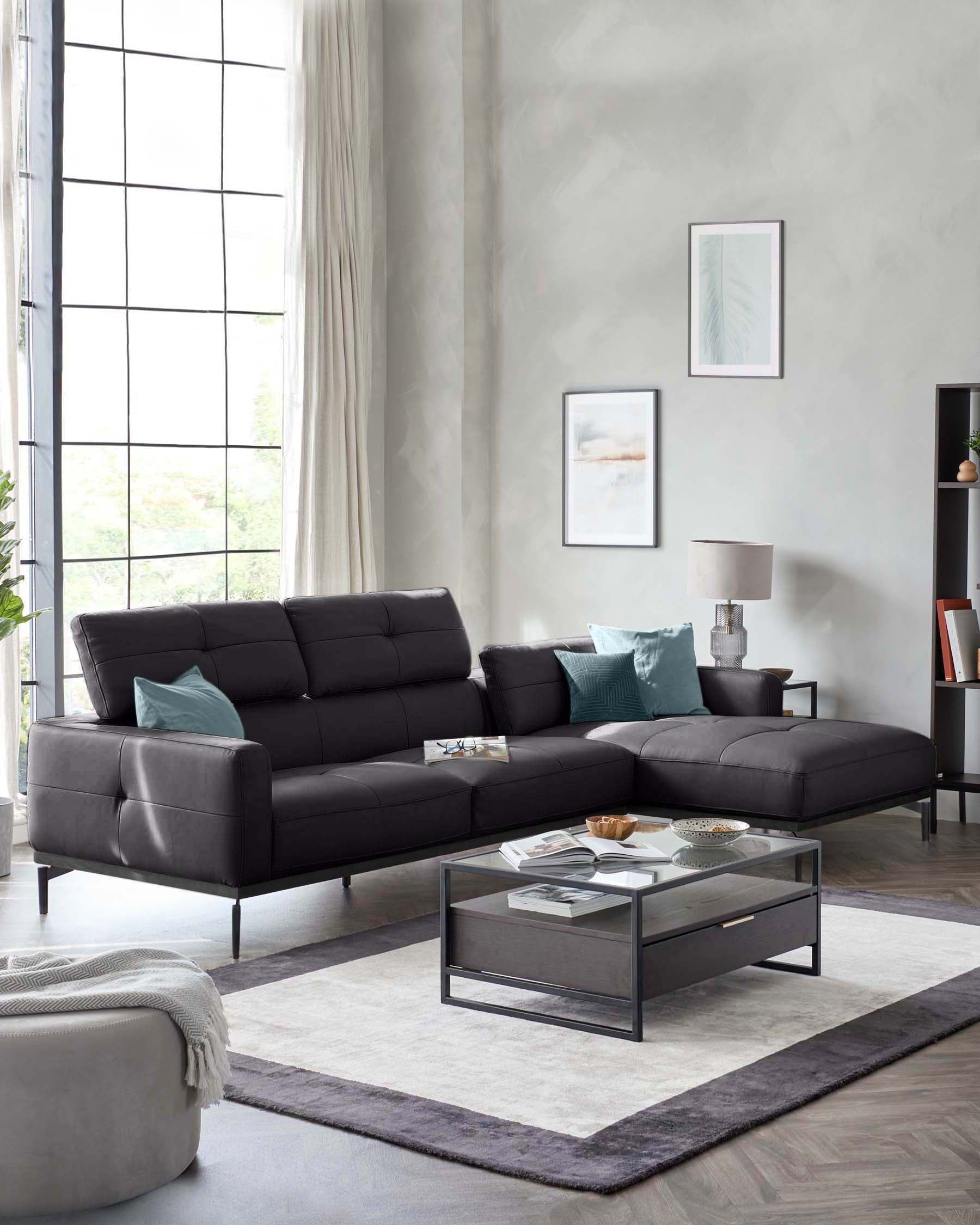 Colton black leather right hand corner chaise sofa