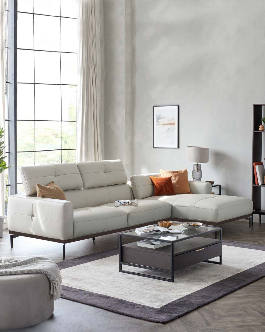 Colton Natural Grey Leather Right Hand Corner Chaise Sofa