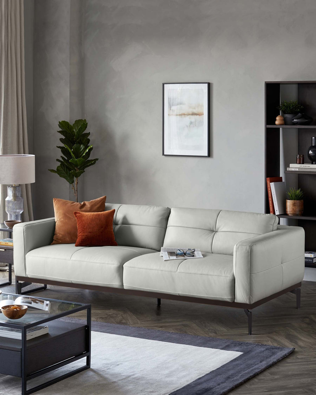 Colton Natural Grey Leather 3 Seater Sofa