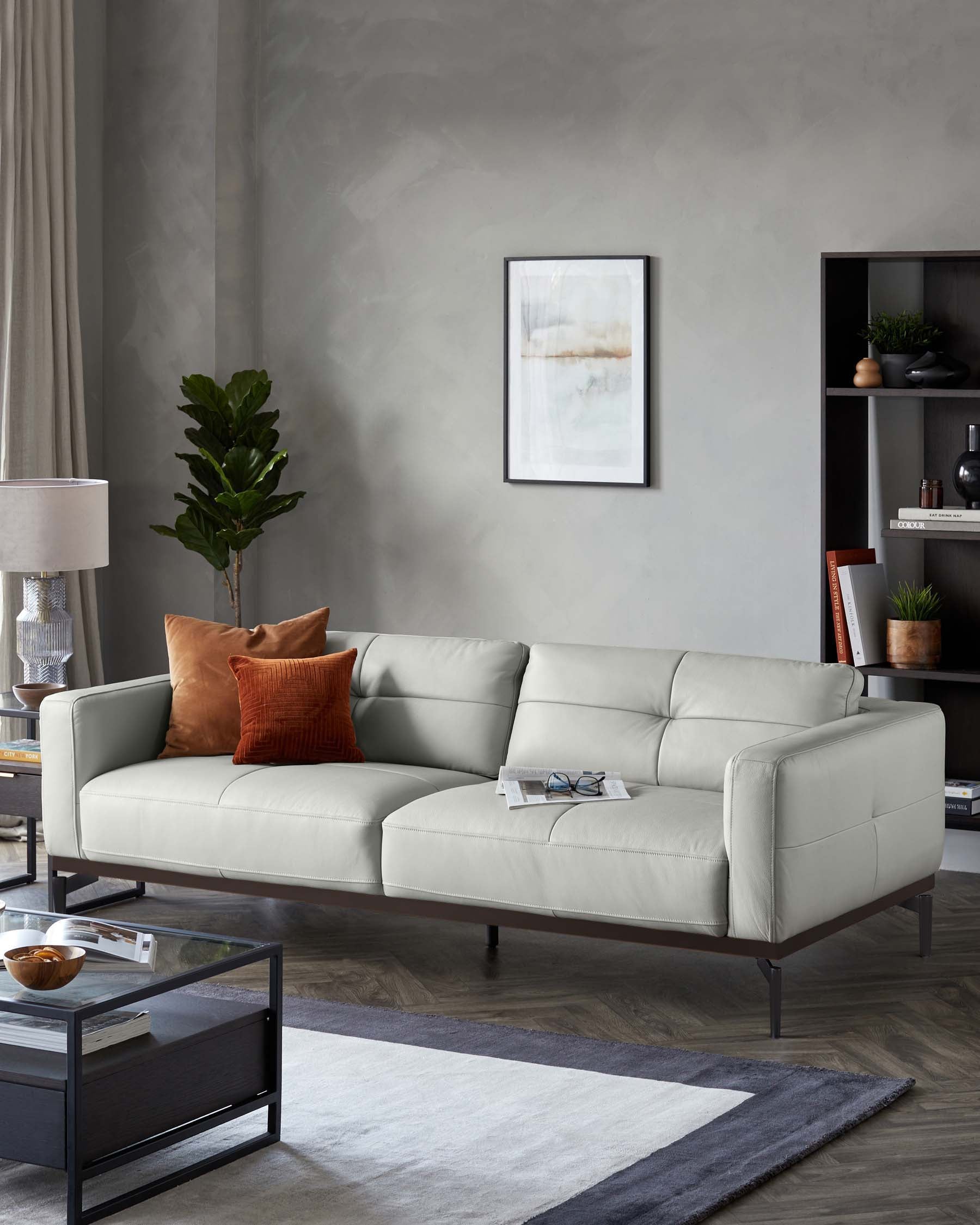Colton Natural Grey Leather 3 Seater Sofa