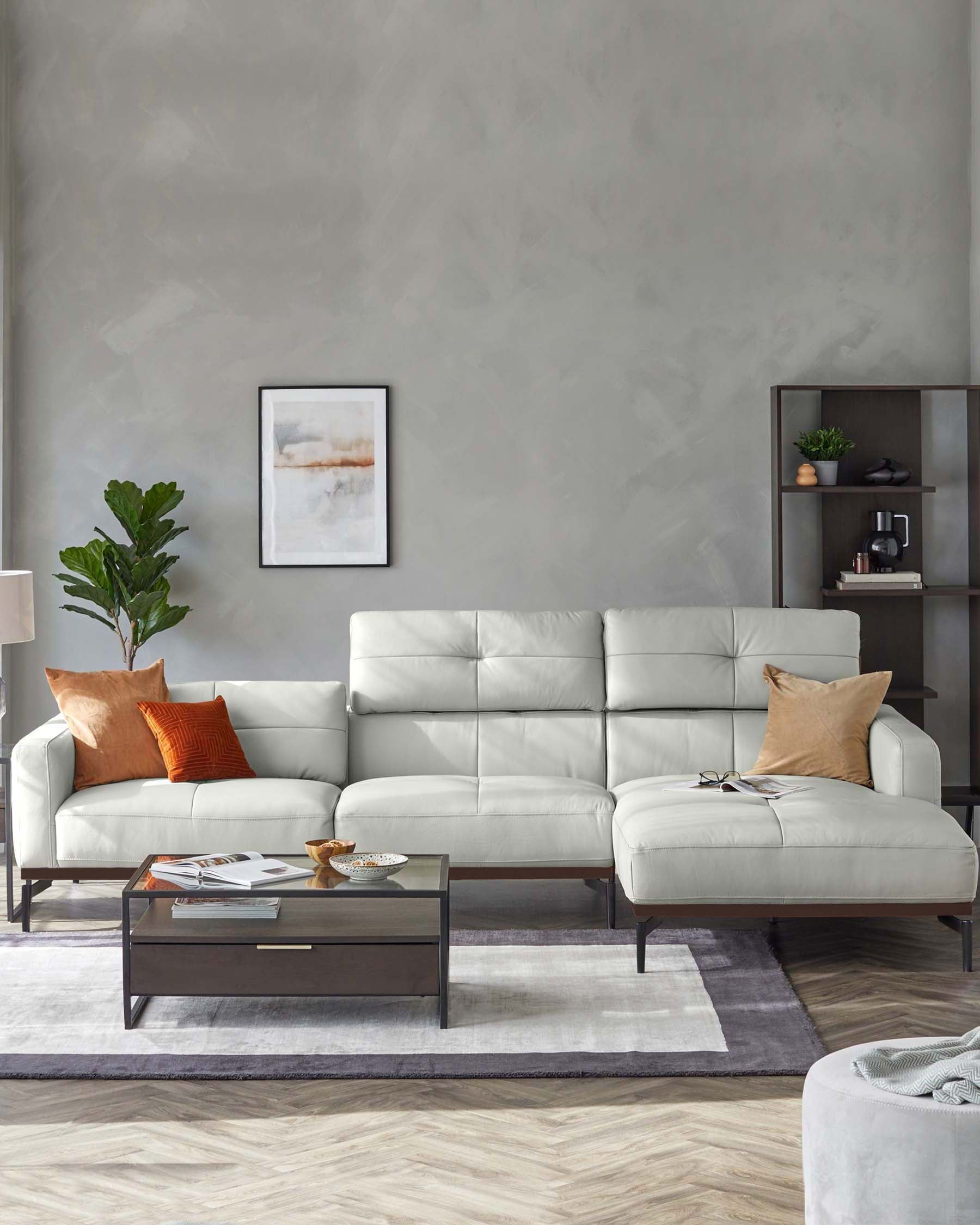 Colton Natural Grey Leather Right Hand Corner Chaise Sofa