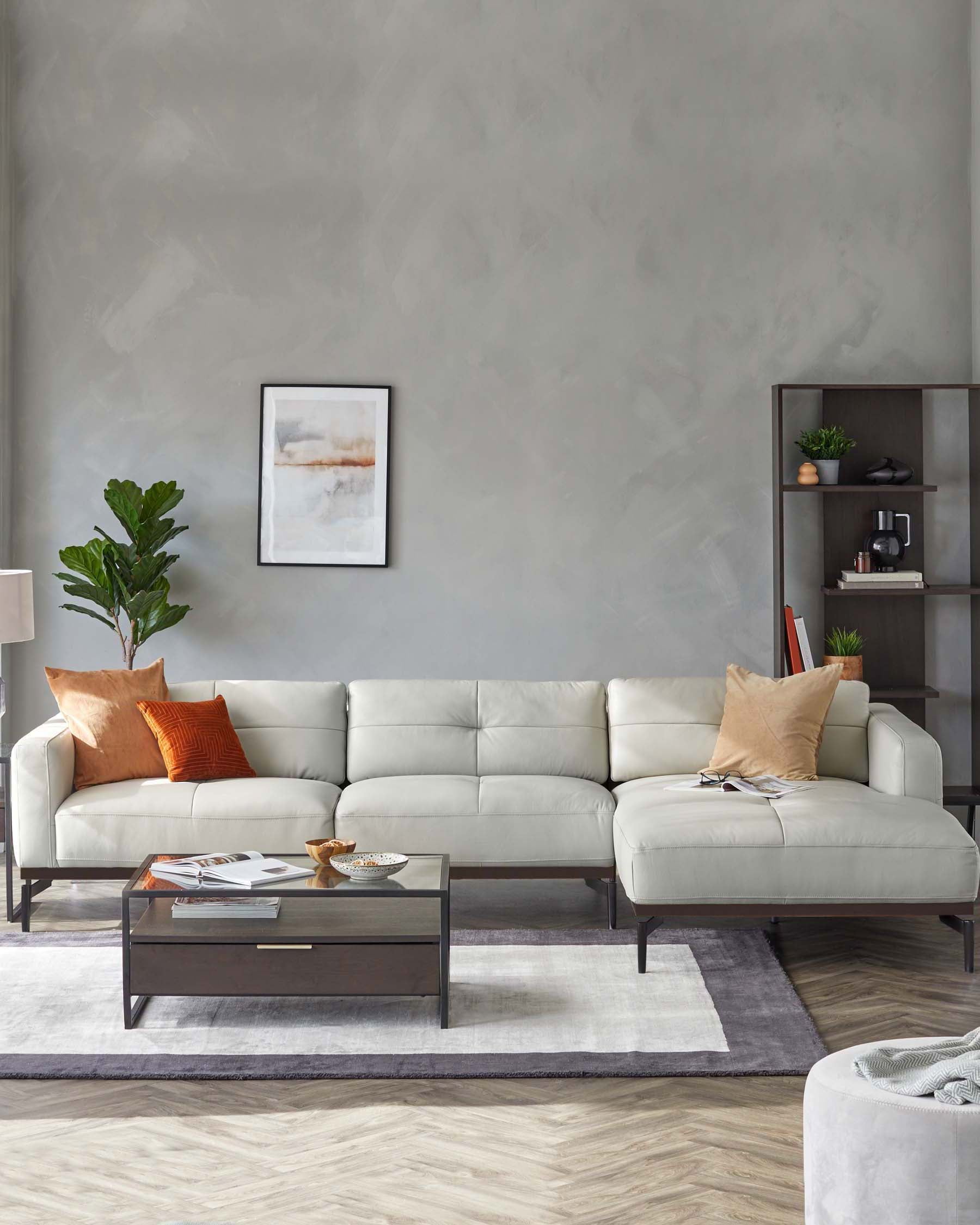 Colton Natural Grey Leather Right Hand Corner Chaise Sofa
