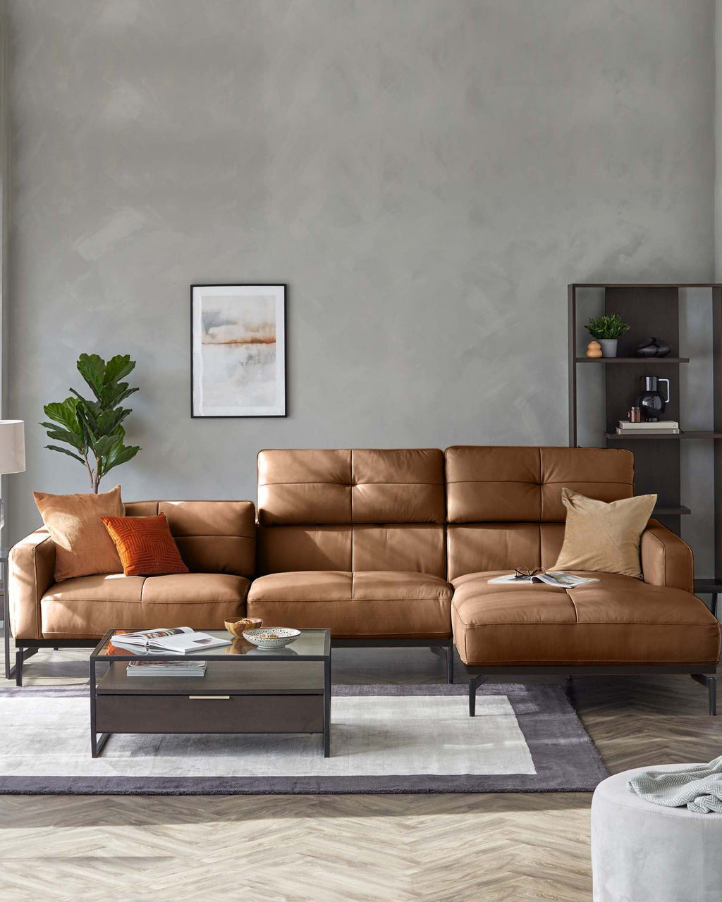 Colton tan leather right hand corner chaise sofa