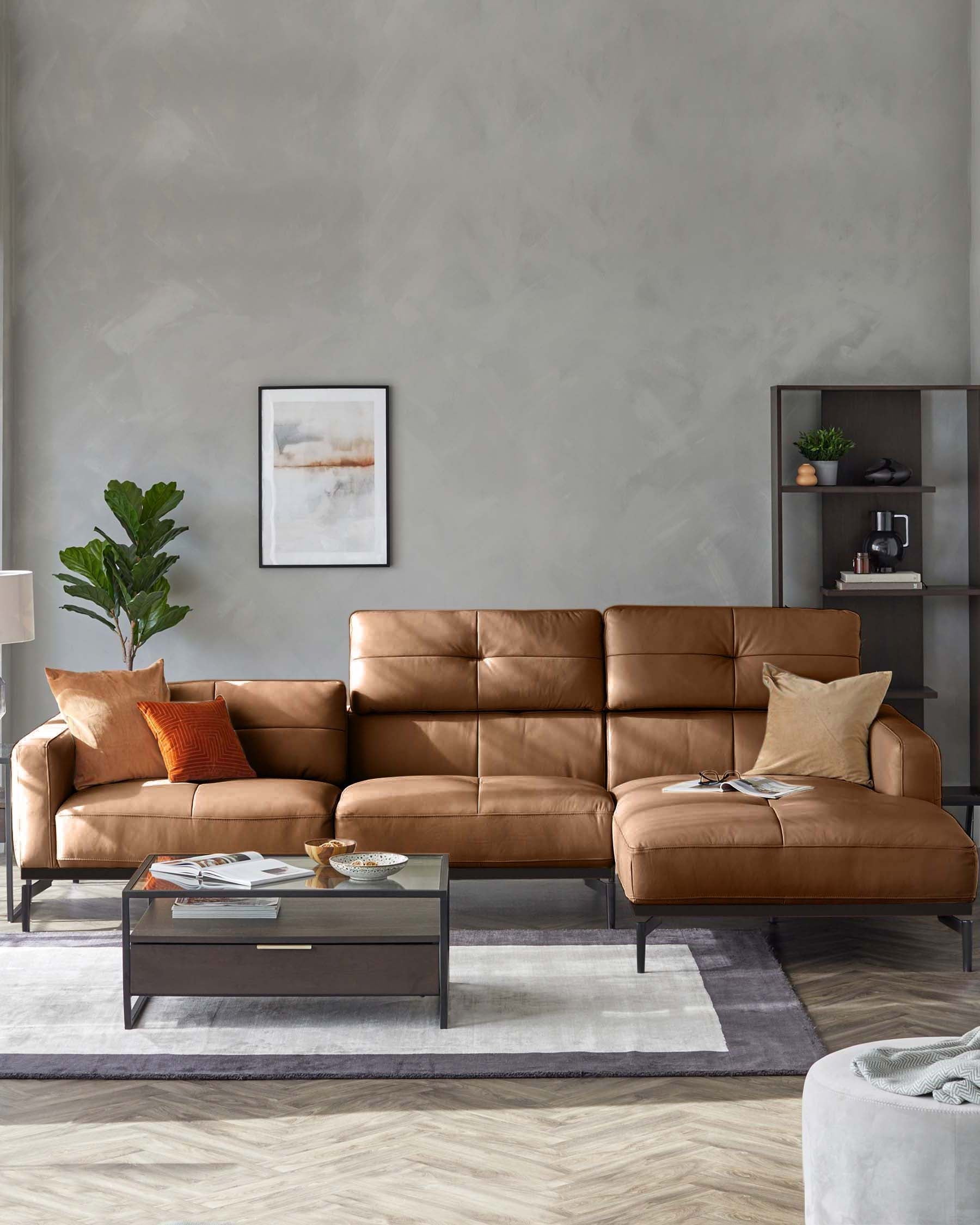 Colton tan leather right hand corner chaise sofa