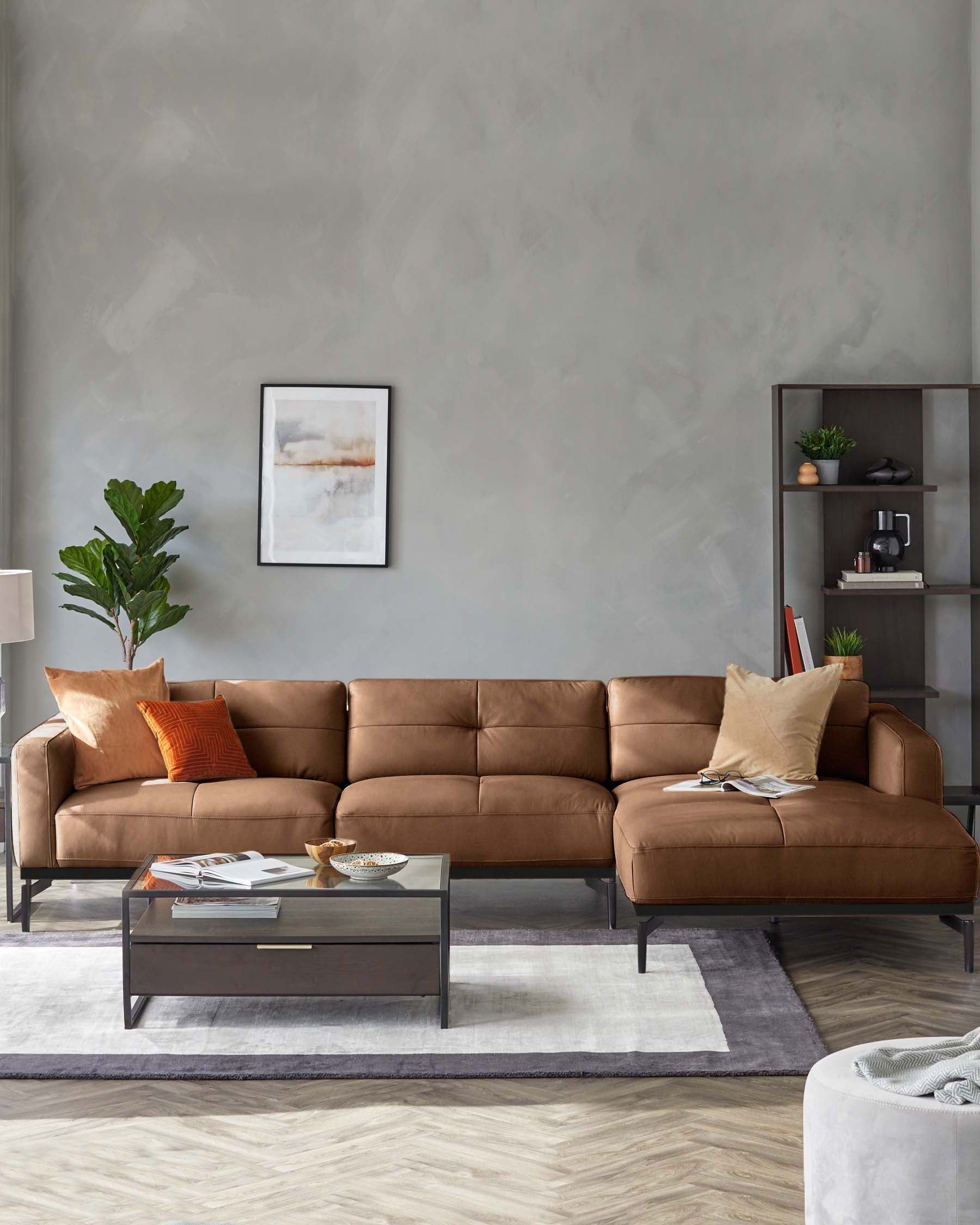 Colton tan leather right hand corner chaise sofa