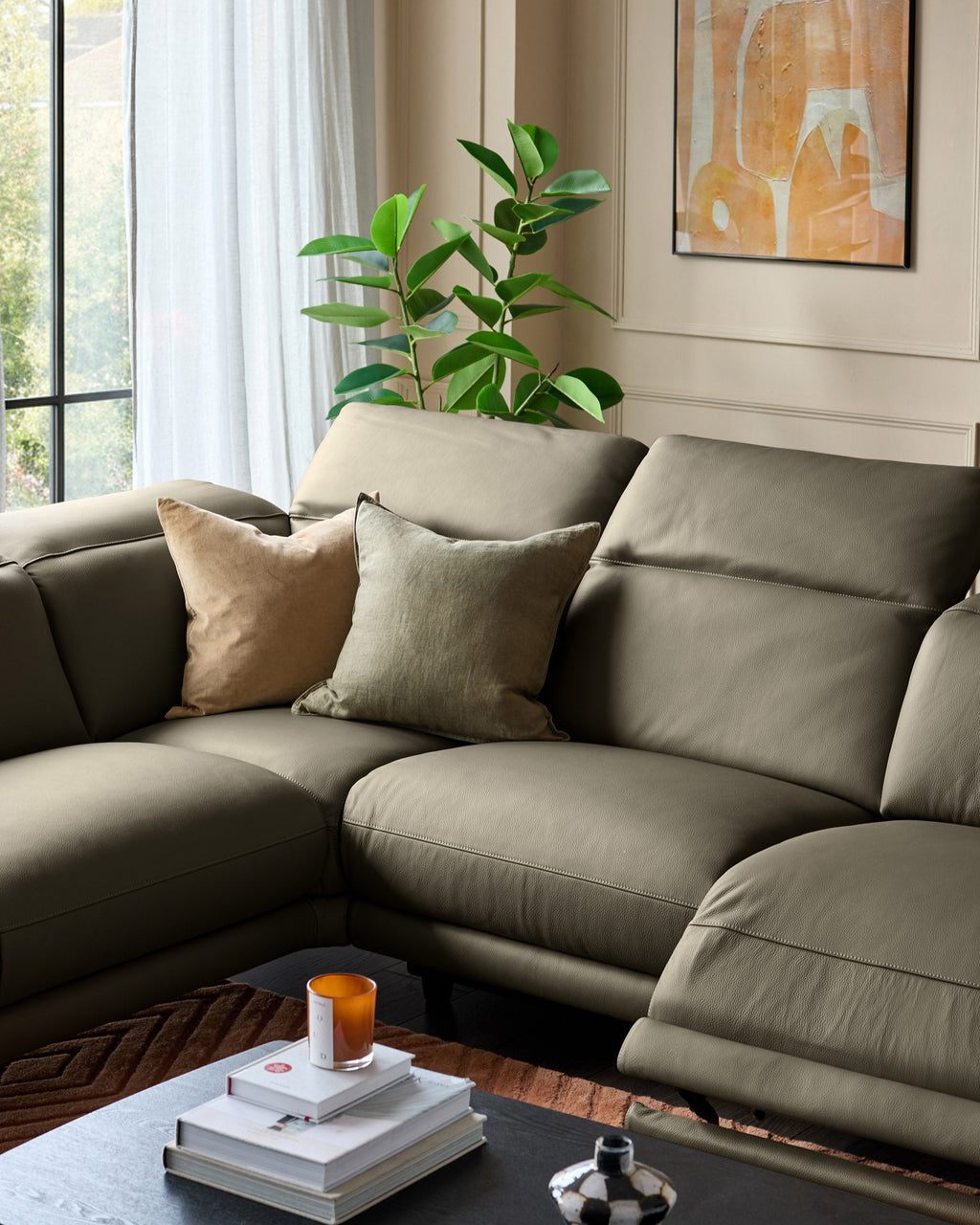 Connor olive green leather left hand corner sofa