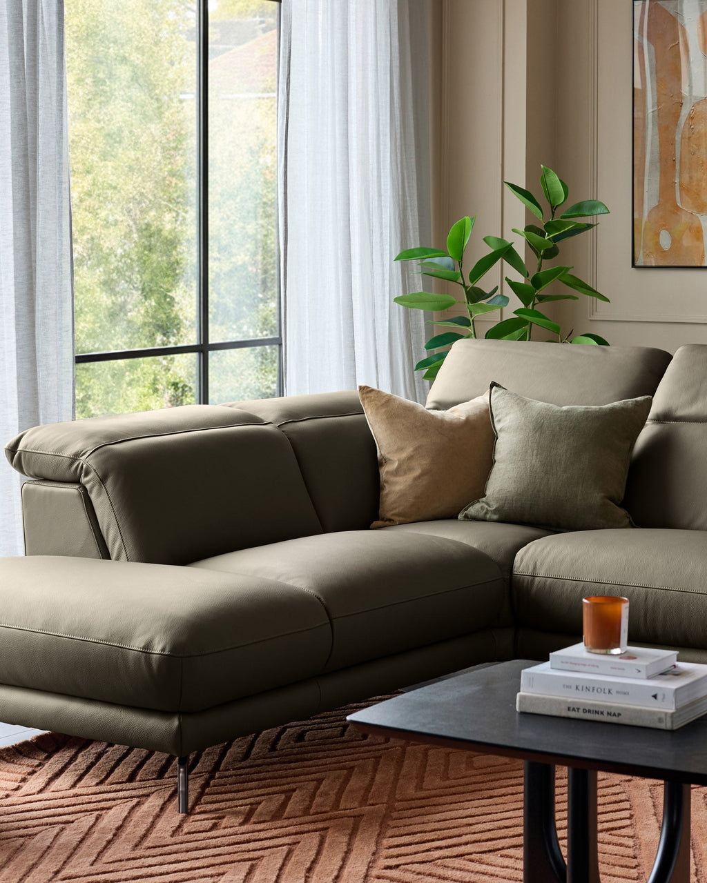 Connor olive green leather left hand corner sofa