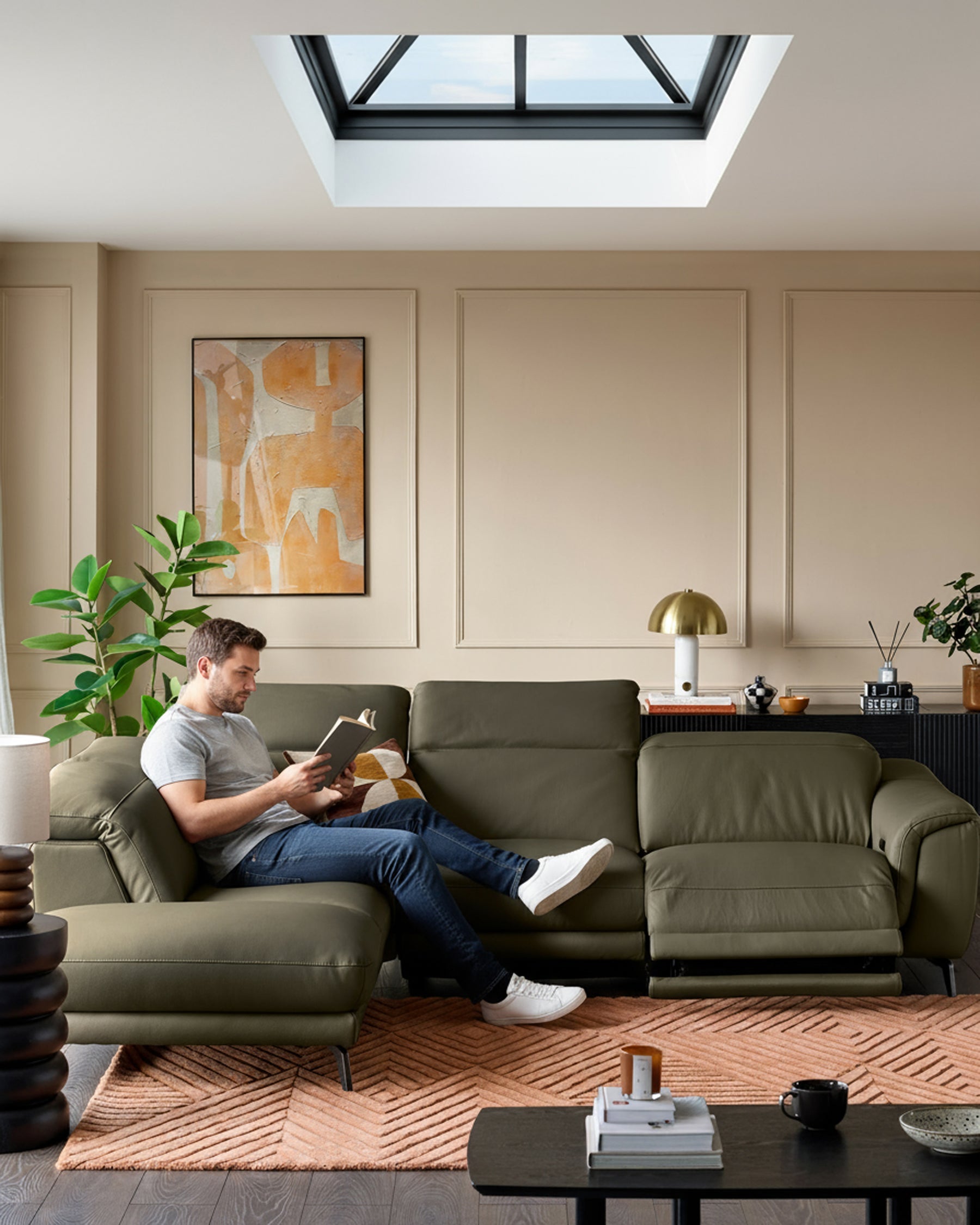 Connor olive green leather left hand corner sofa