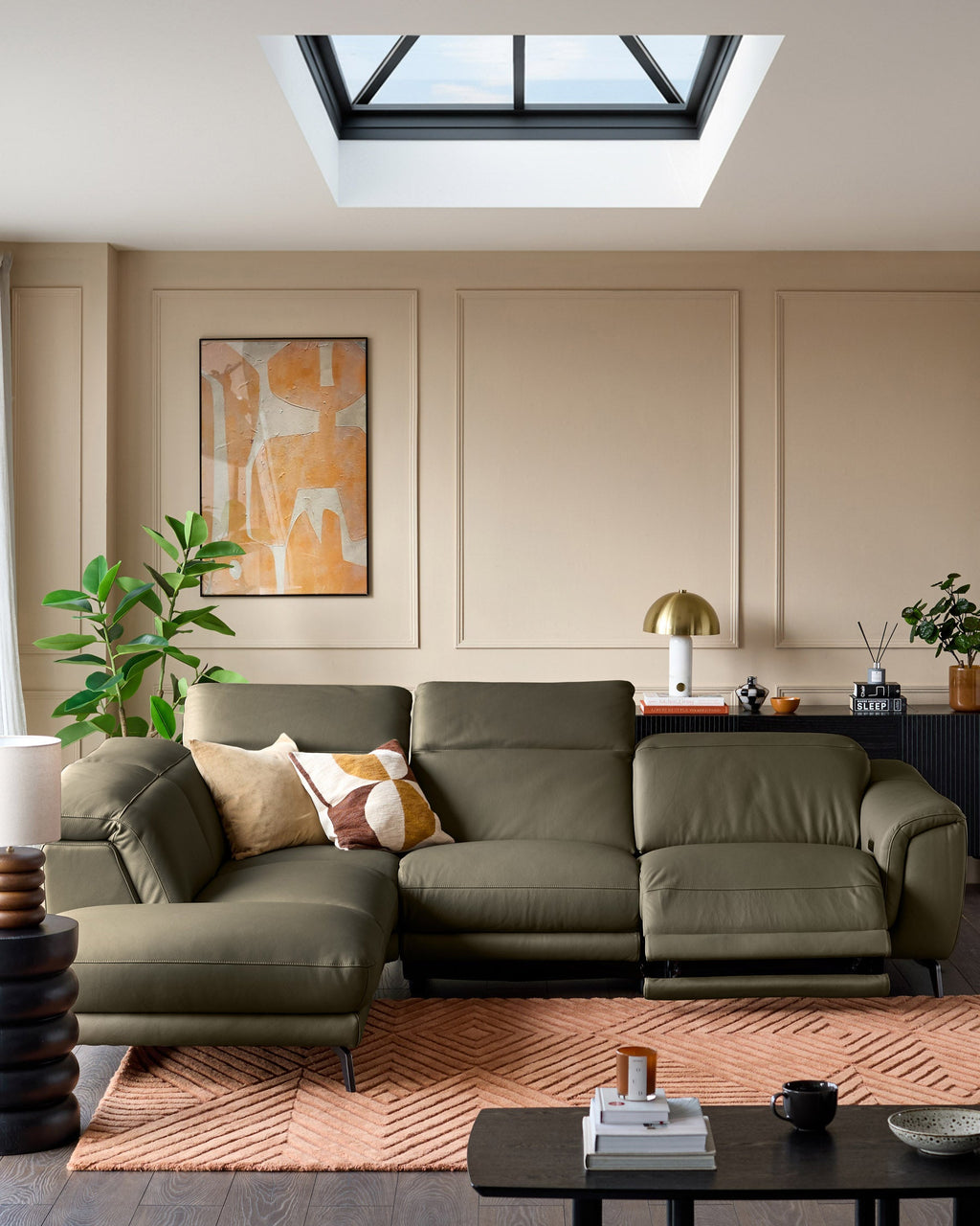 Connor olive green leather left hand corner sofa