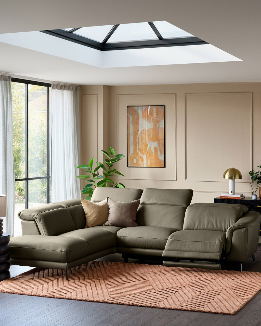 Connor olive green leather left hand corner sofa