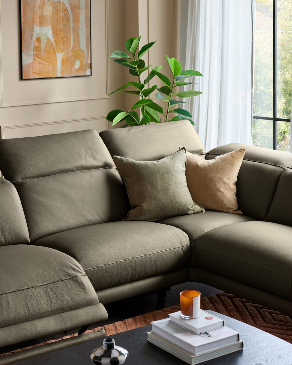 Connor olive green leather right hand corner chaise sofa