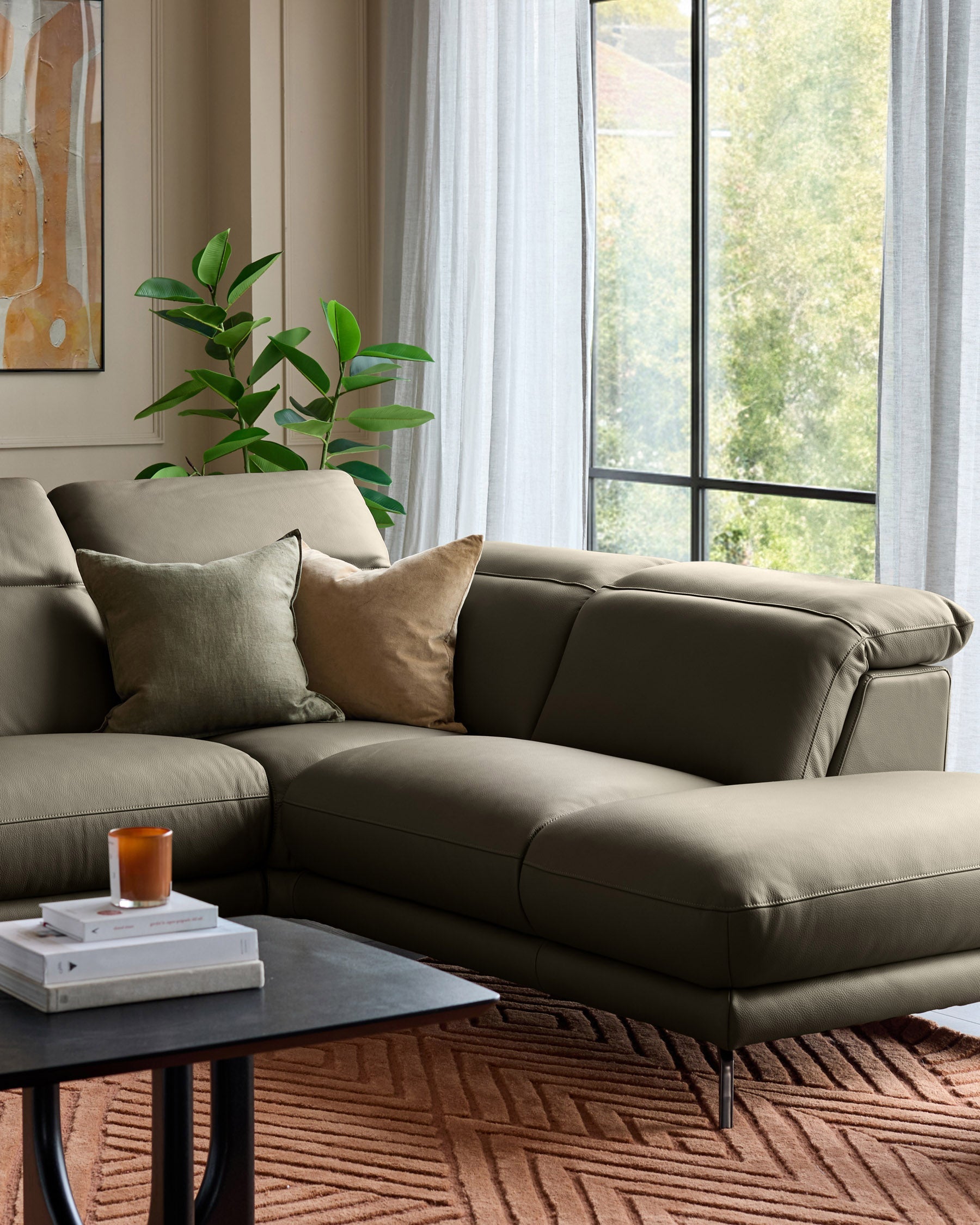 Connor olive green leather right hand corner chaise sofa