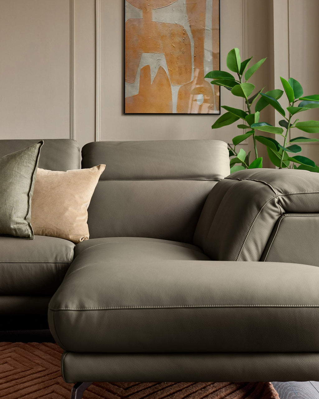Connor olive green leather right hand corner chaise sofa