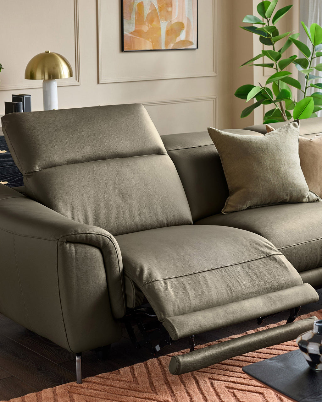 Connor olive green leather right hand corner chaise sofa