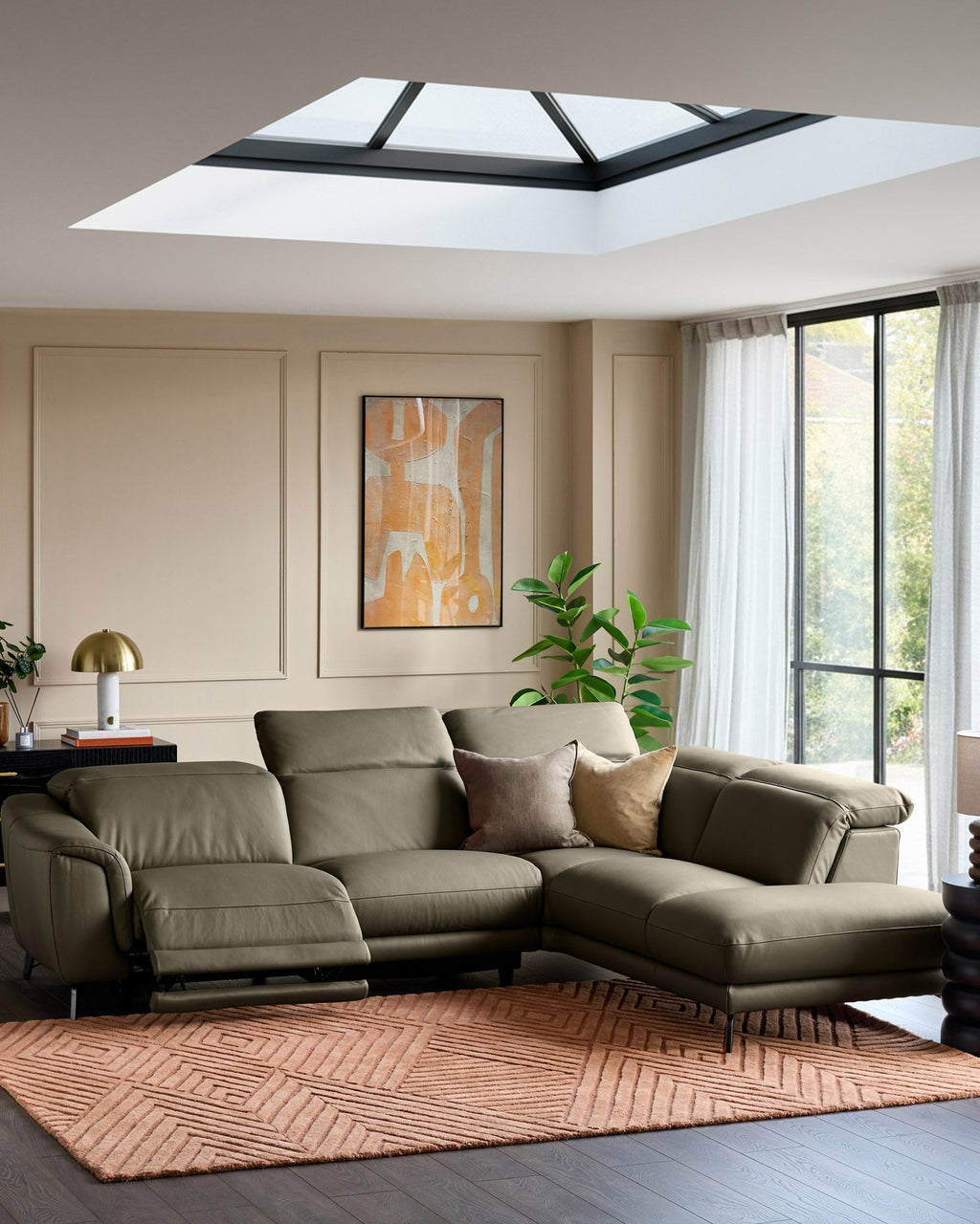 Connor olive green leather right hand corner chaise sofa