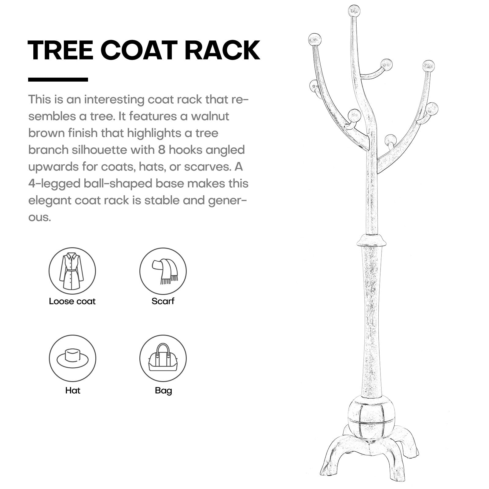 Tree-branch Rubberwood Freestanding Coat Rack with 8 Hooks - 24.5W x 70.87H