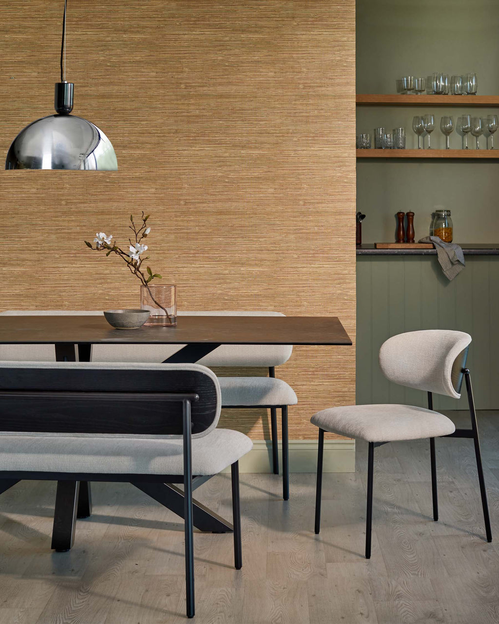 Cree cream chenille 3 seater dining bench