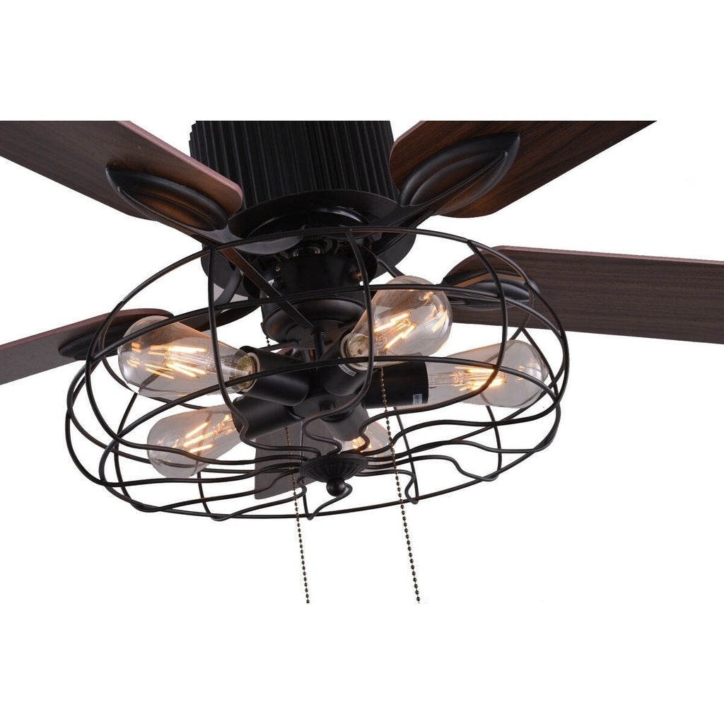 CurveCurio Farmhouse Industrial 5-Light Black Cage Ceiling Fan with Light, Remote Control and Pull Chain 42-48-52 inches