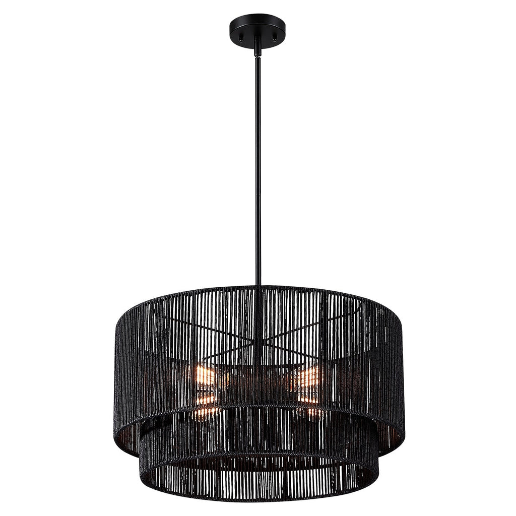 Cynthia 4-Light Black Rattan Drum Chandelier Light - 22''W