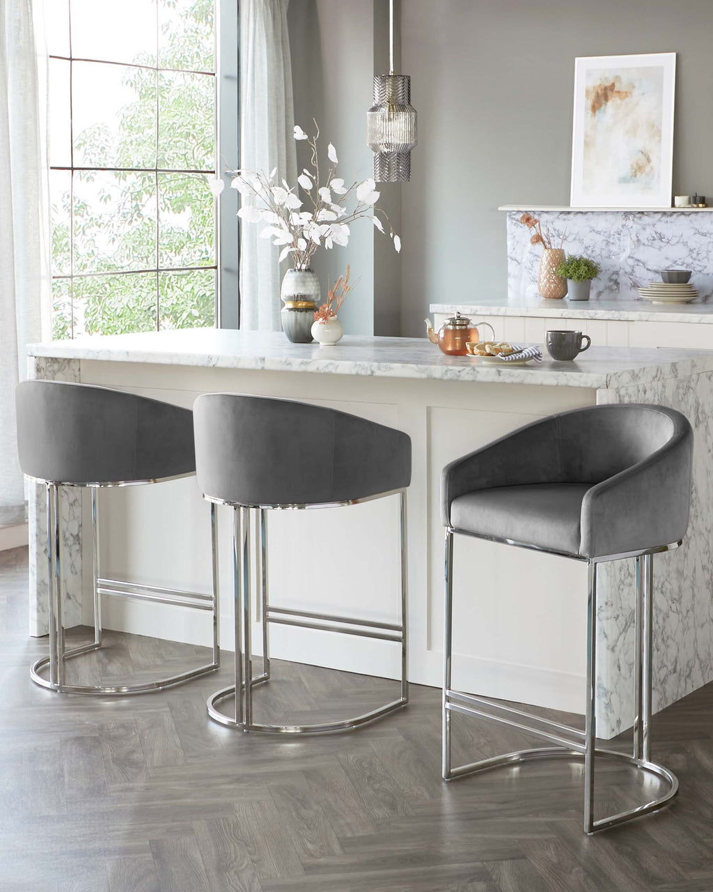 Dakota Dark Grey Velvet and Stainless Steel Bar Stool