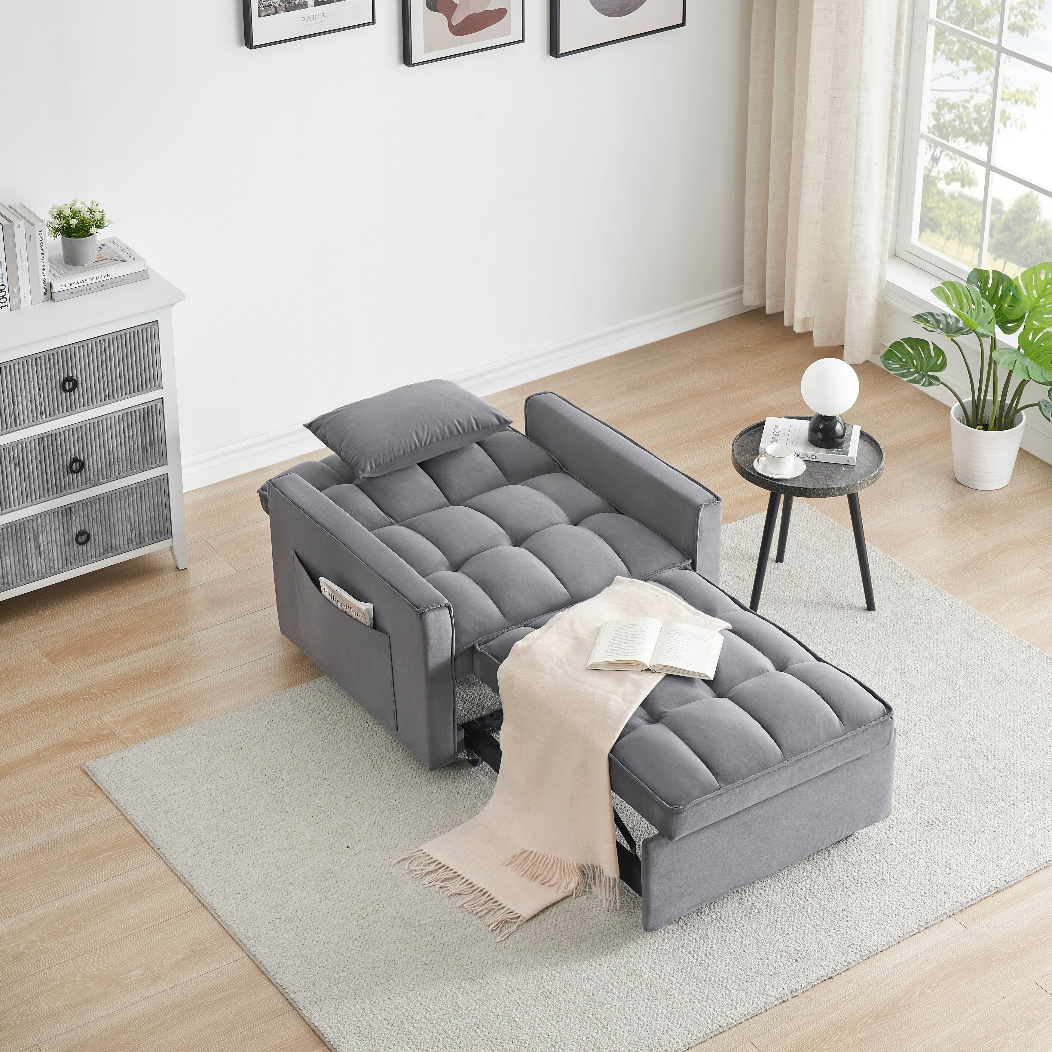 Dark Grey Modern 70.86 3 in 1 Single Convertible Sofa Bed with Adjustable Back and Moving Wheel for Living Room