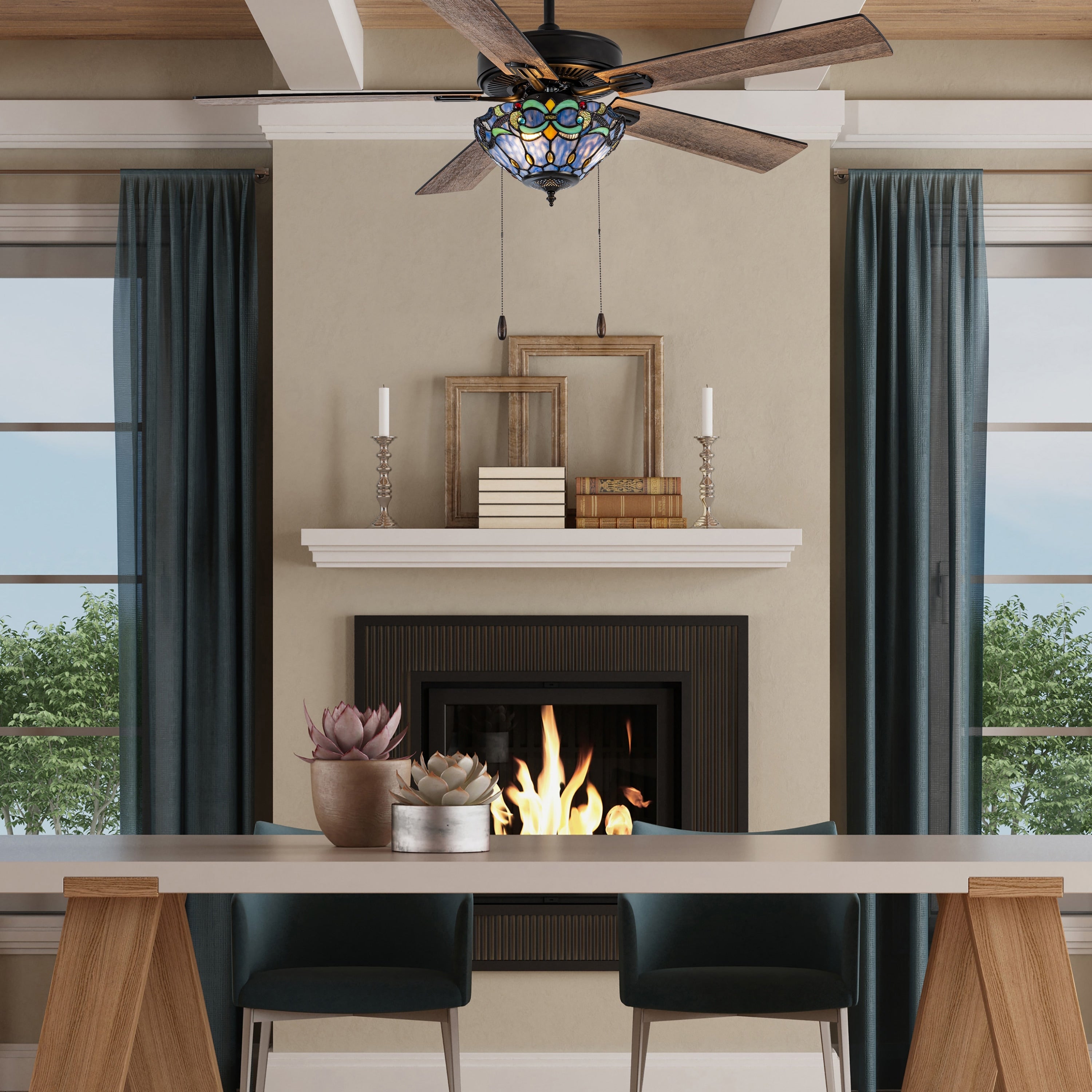 Della River of Goods Oil-Rubbed Bronze and Stained Glass 52-Inch 3-Light Remote-Controlled Ceiling Fan