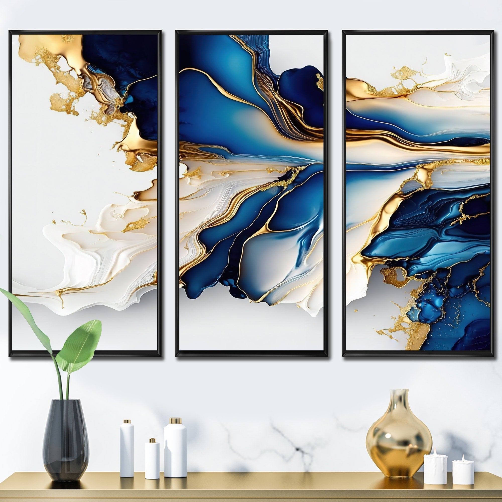 Designart Abstract Geode Gold And Blue Marble Shape III Modern Geometric Framed Canvas Art Print - 3 Panels