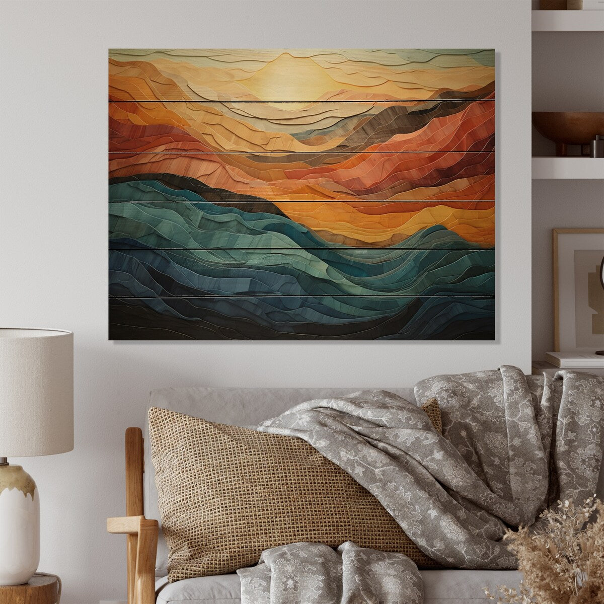 Designart Coral Teal Bold Mountains Landscape Modern Print on Natural Pine Wood