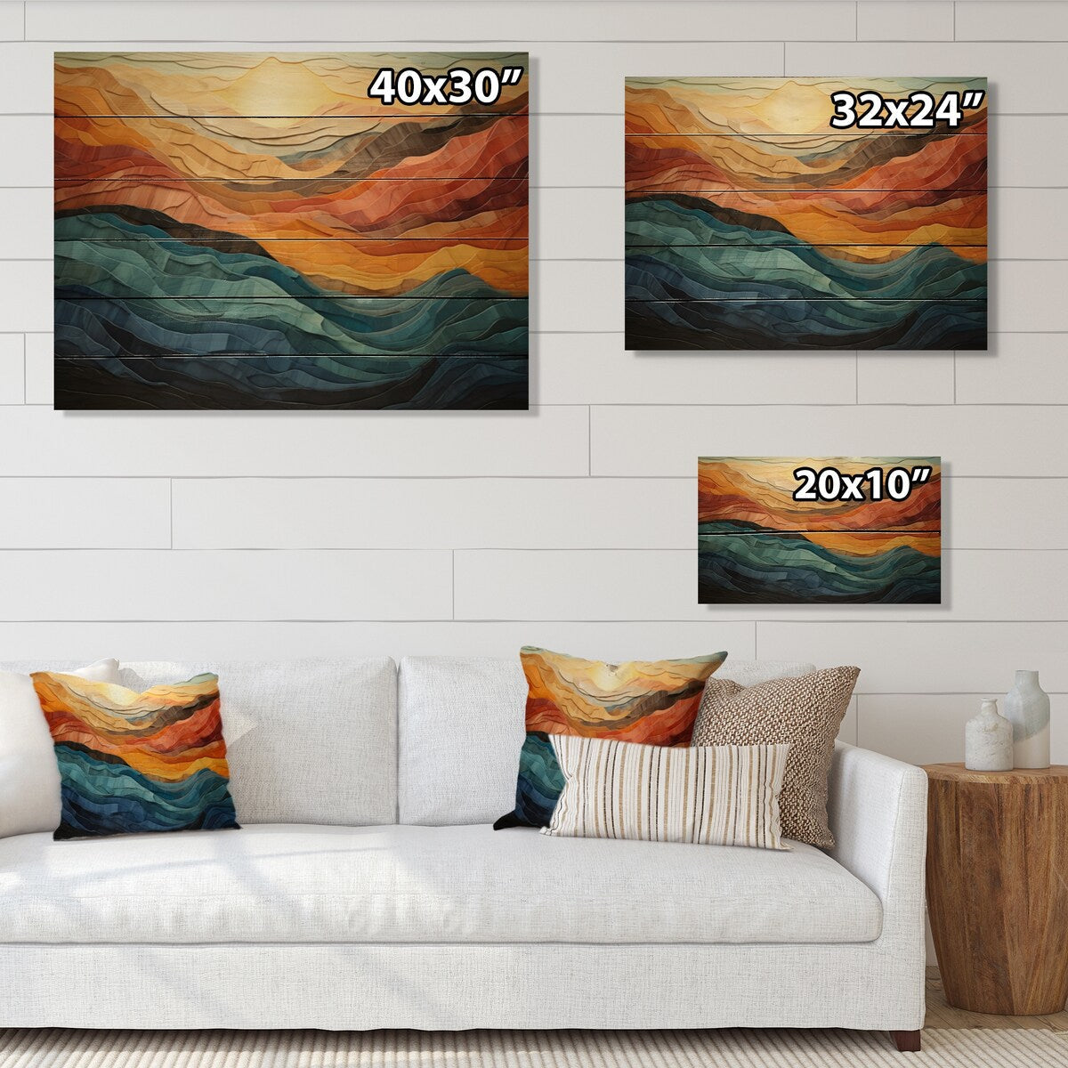 Designart Coral Teal Bold Mountains Landscape Modern Print on Natural Pine Wood