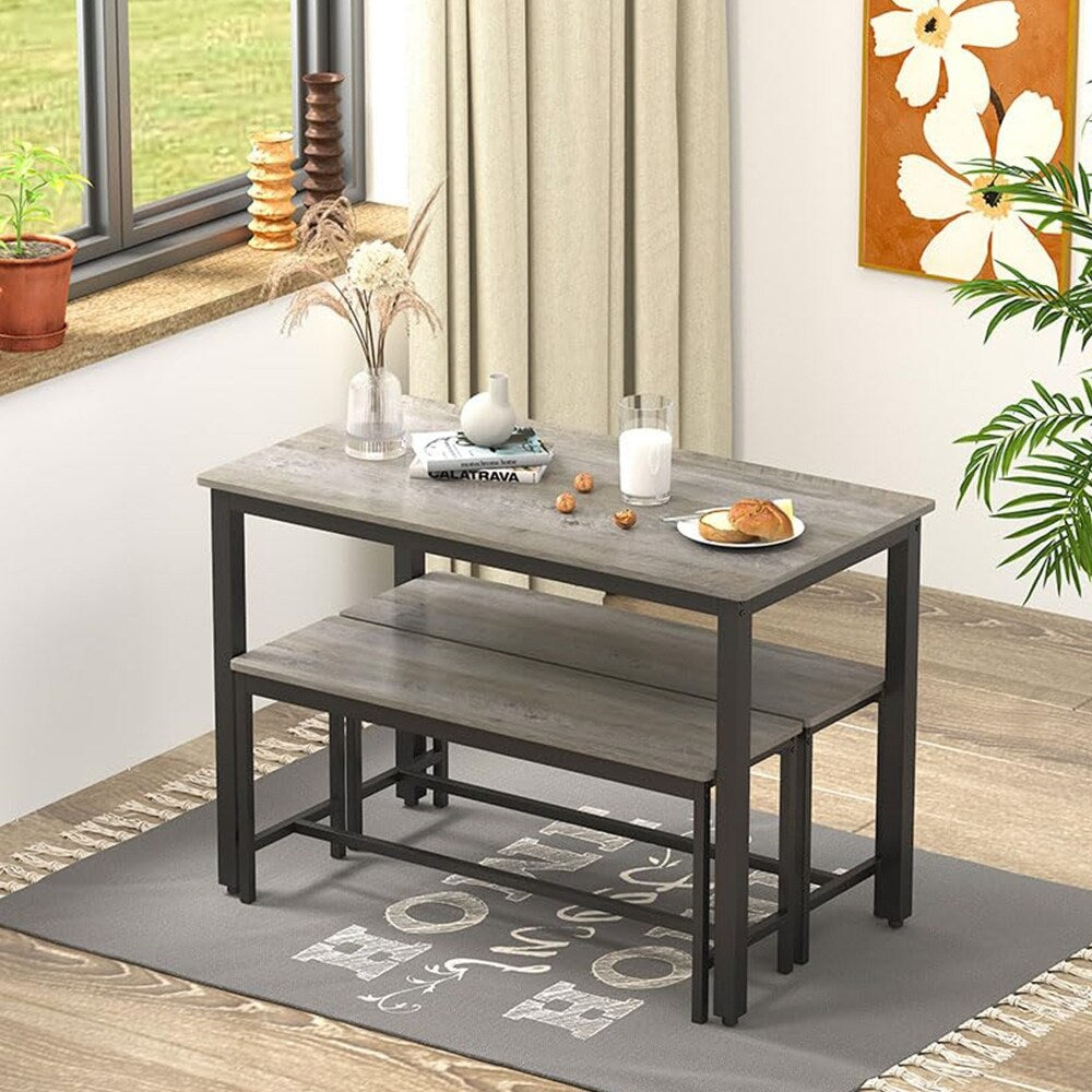 Dining Table Set, Wood Bar Table Set, Kitchen Table w/2 Benches - 3-Piece