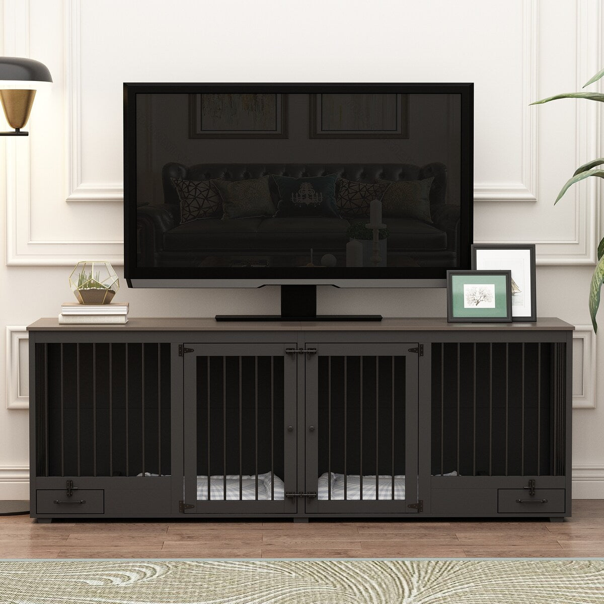 Dog Crate Furniture -Wooden Dog Kennel with Room Divider and 2 Drawers