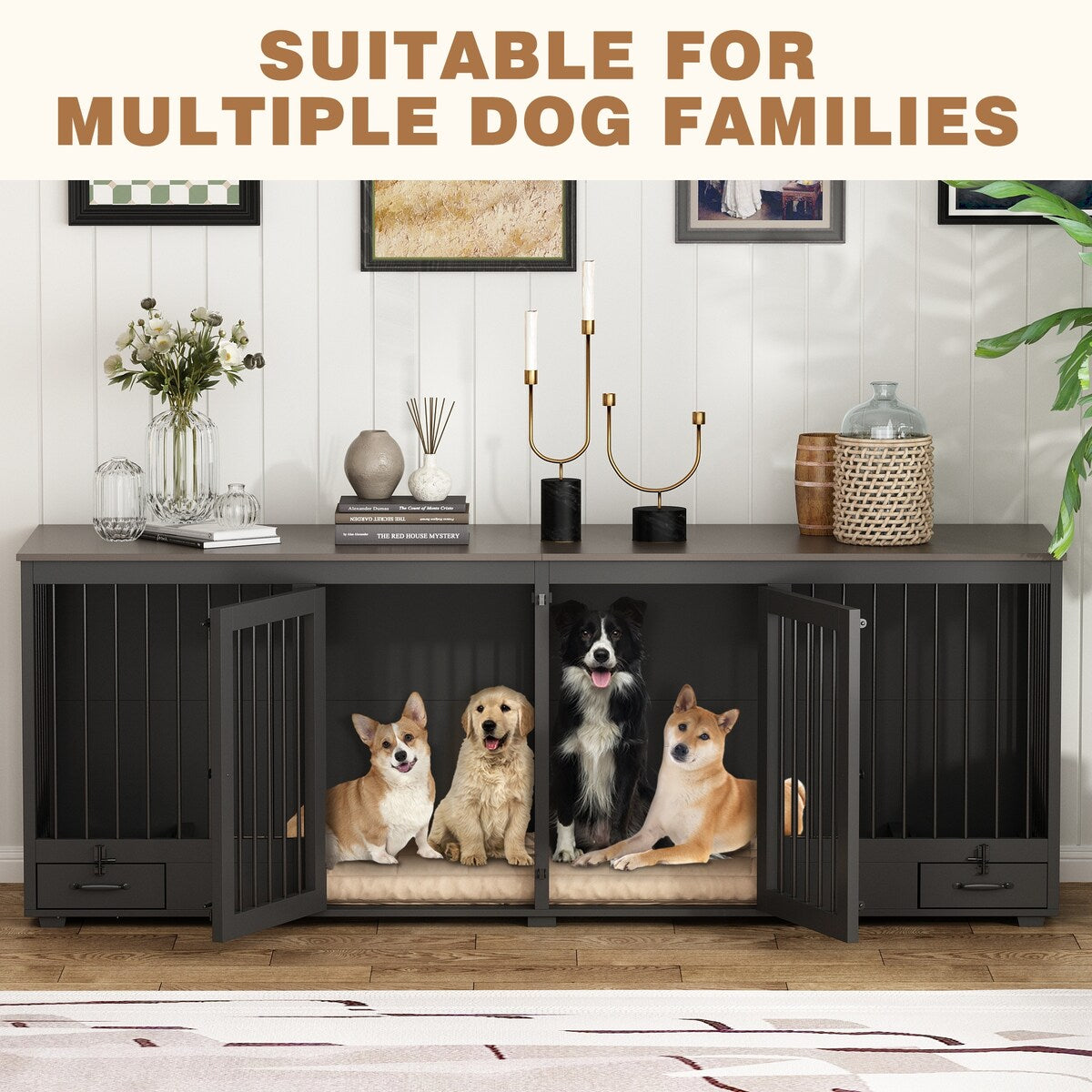 Dog Crate Furniture -Wooden Dog Kennel with Room Divider and 2 Drawers