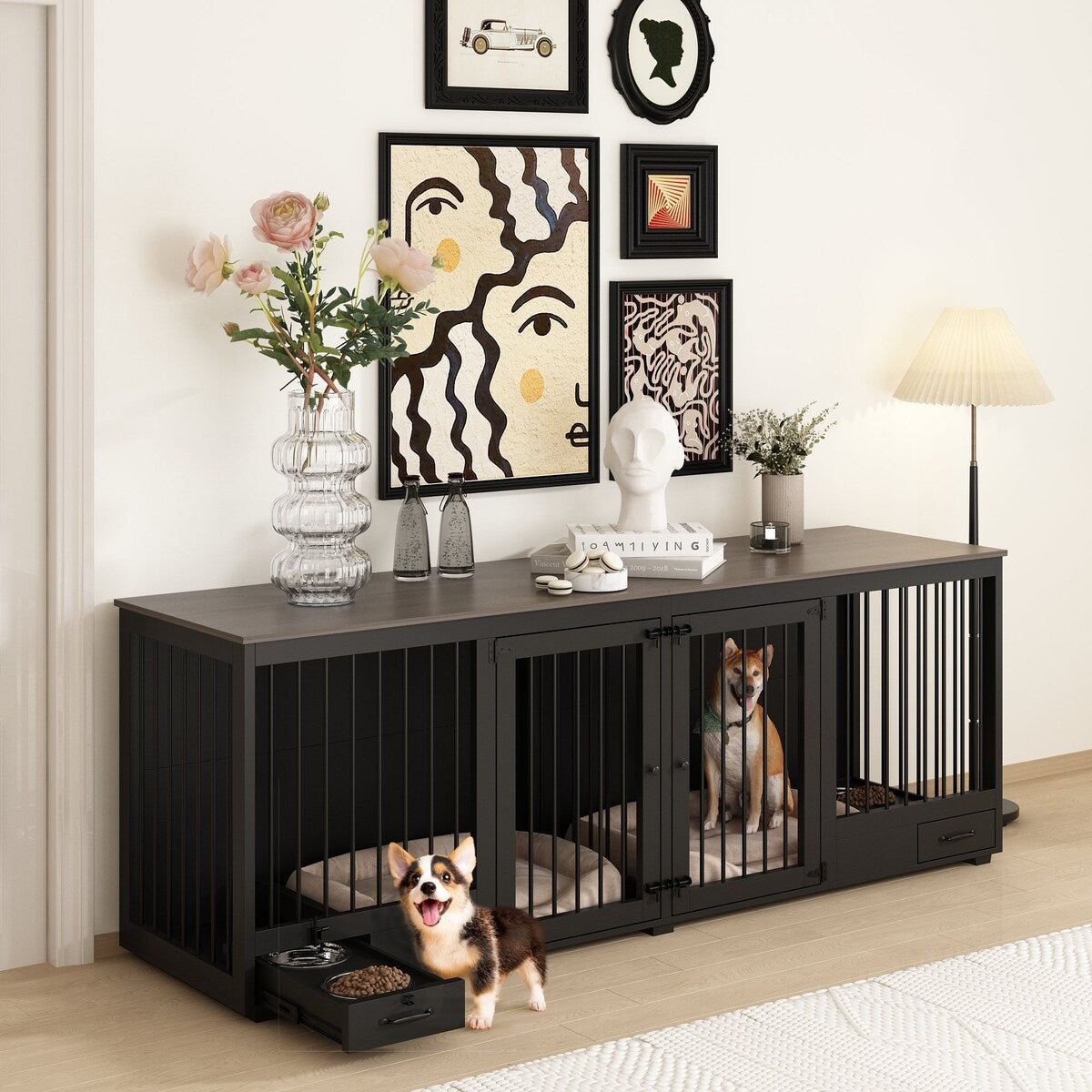 Dog Crate Furniture -Wooden Dog Kennel with Room Divider and 2 Drawers