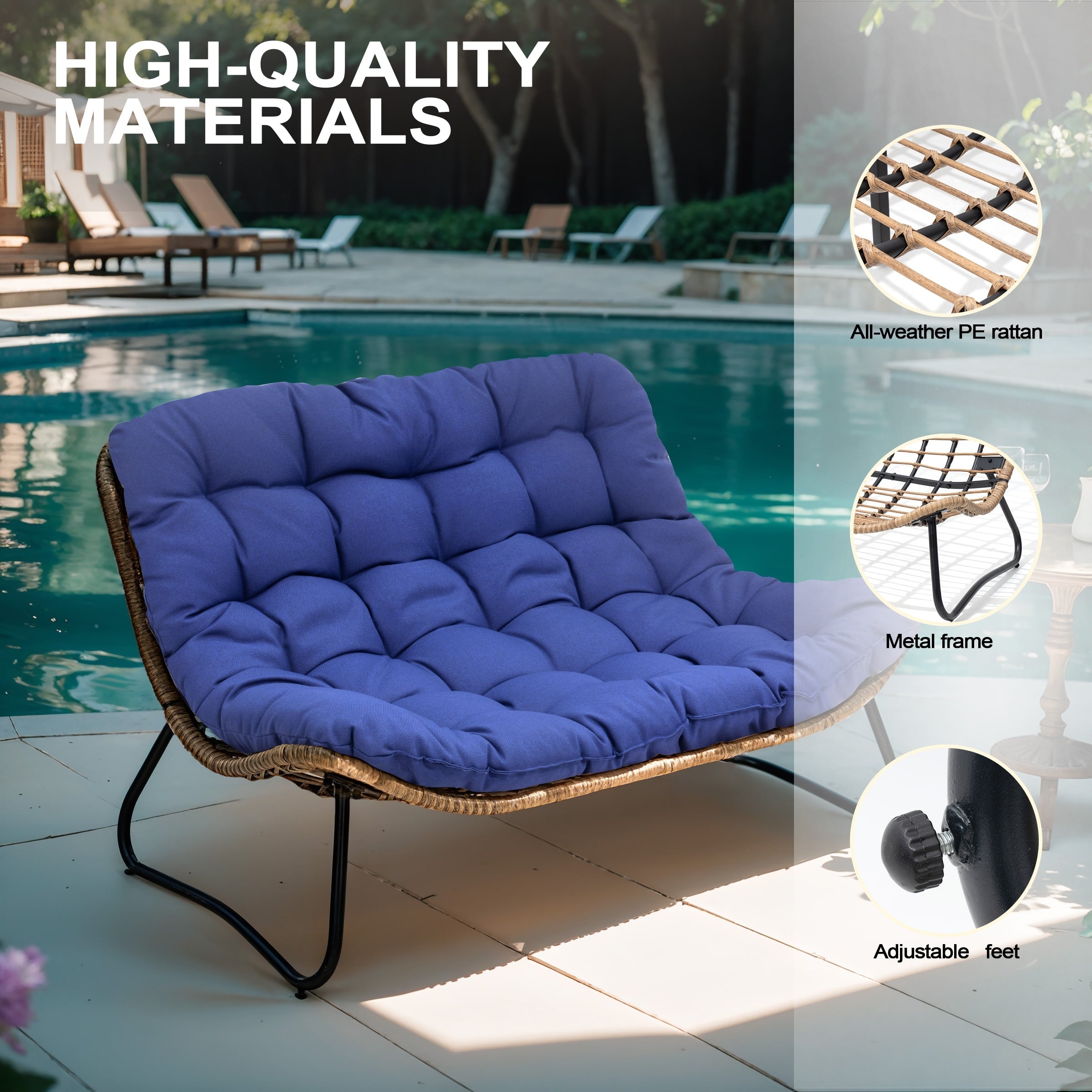 Double Papasan Chair Loveseat with Cushion, All-weather PE Rattan and Metal Frame for Indoor Outdoor