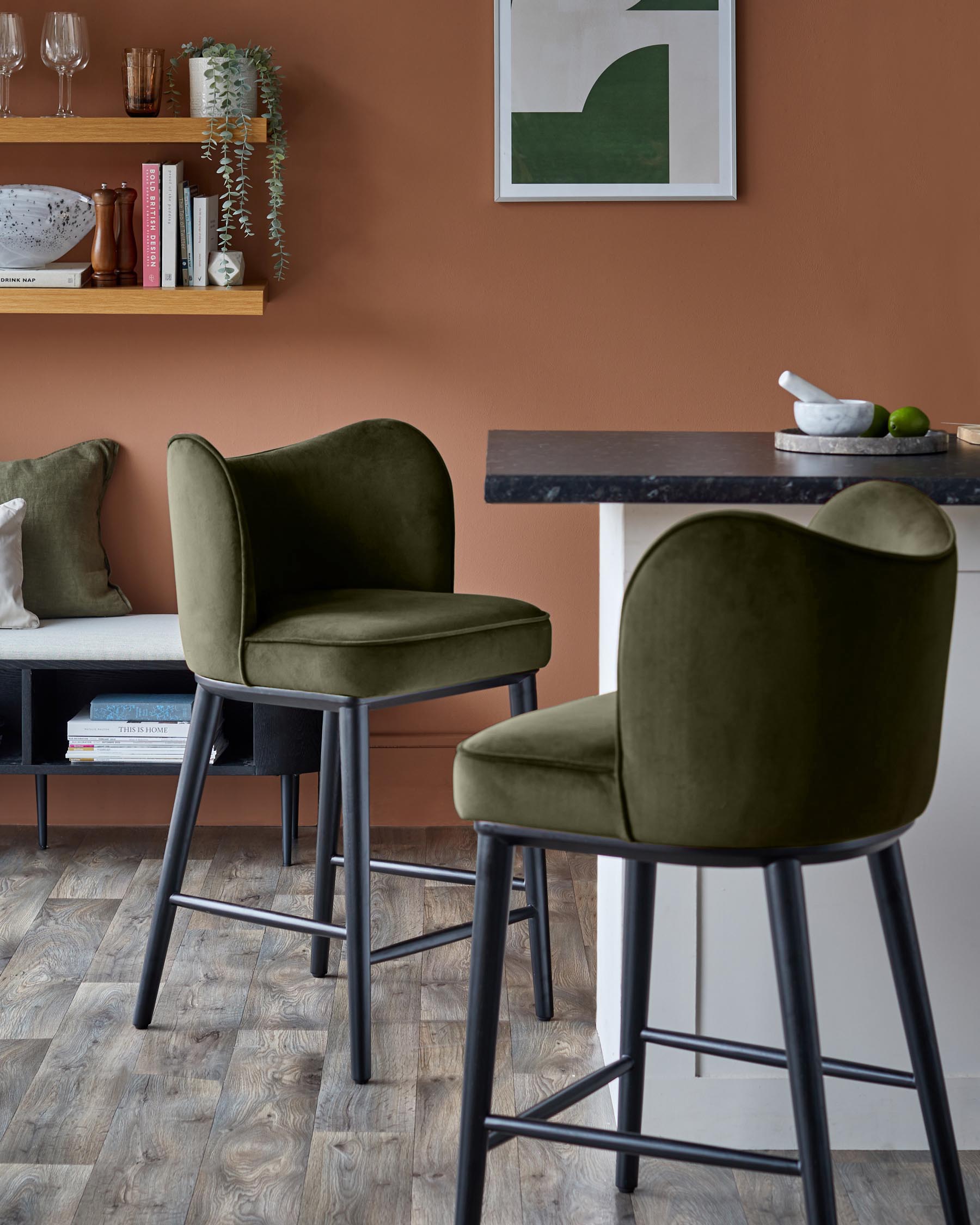 Evelyn olive green velvet bar stool