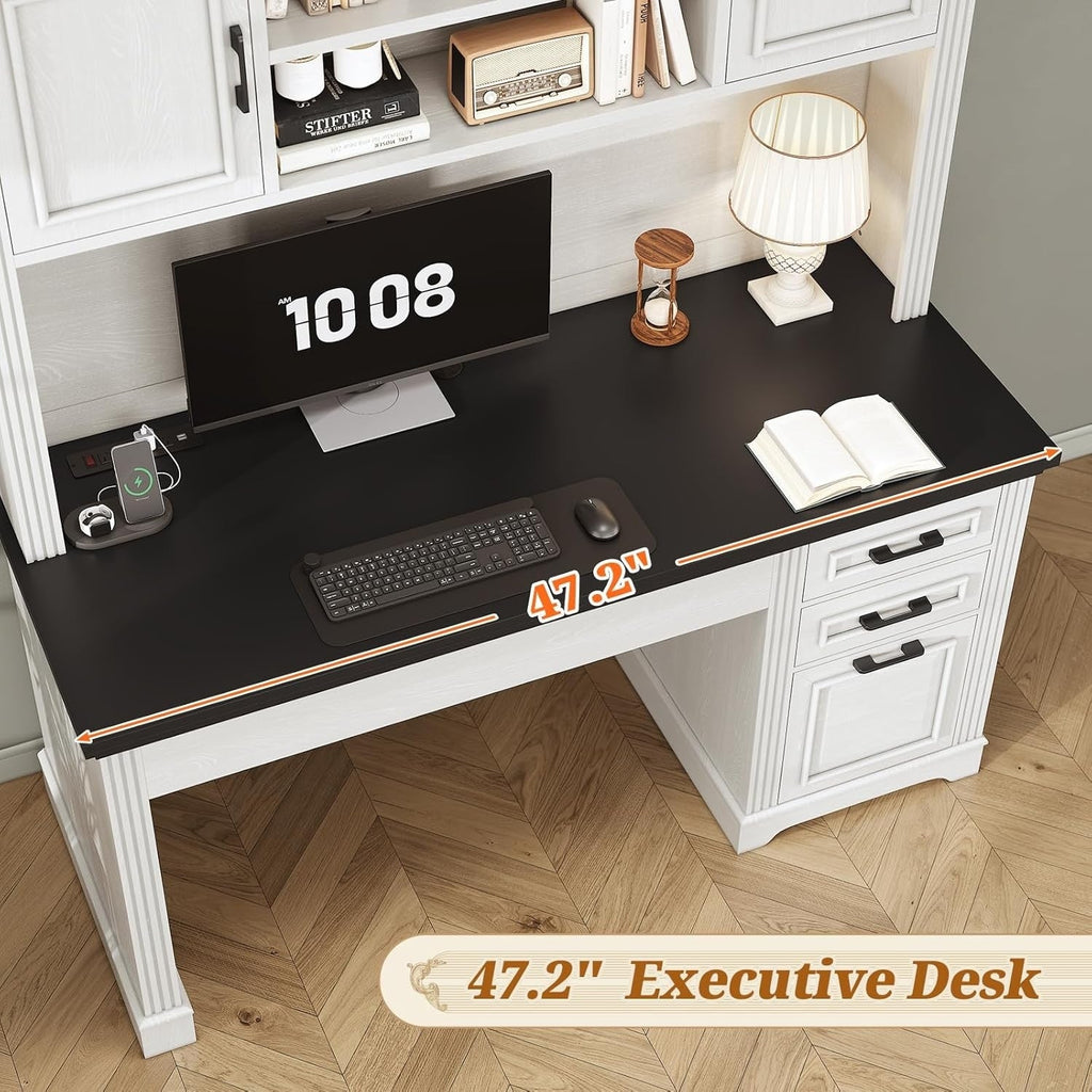 Farmhouse Executive Desk Home Office Desk File Drawer Monitor Stand Power Outlet