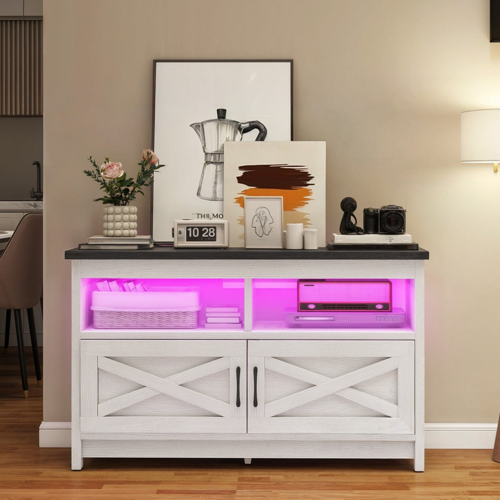 Farmhouse TV Stand for up to 65 TV with Doors and Open Shelves Media Console Power Outlet