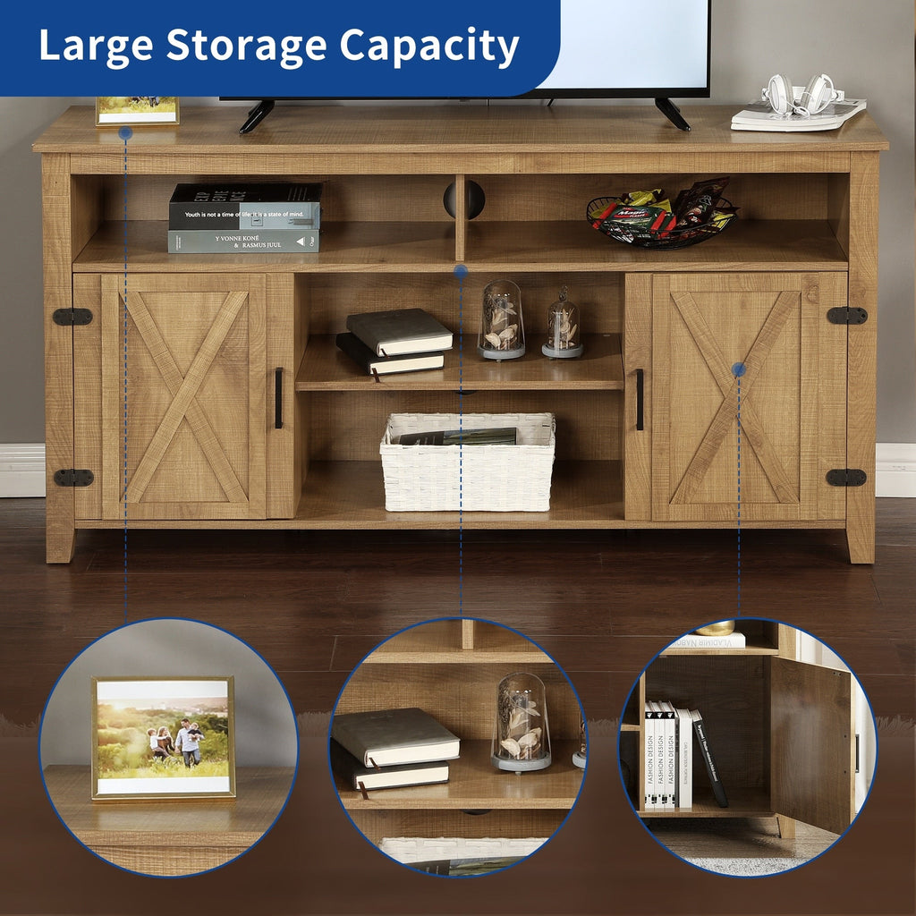 Farmhouse TV Stand for up to 65 TV with Doors and Open Shelves Media Console Power Outlet