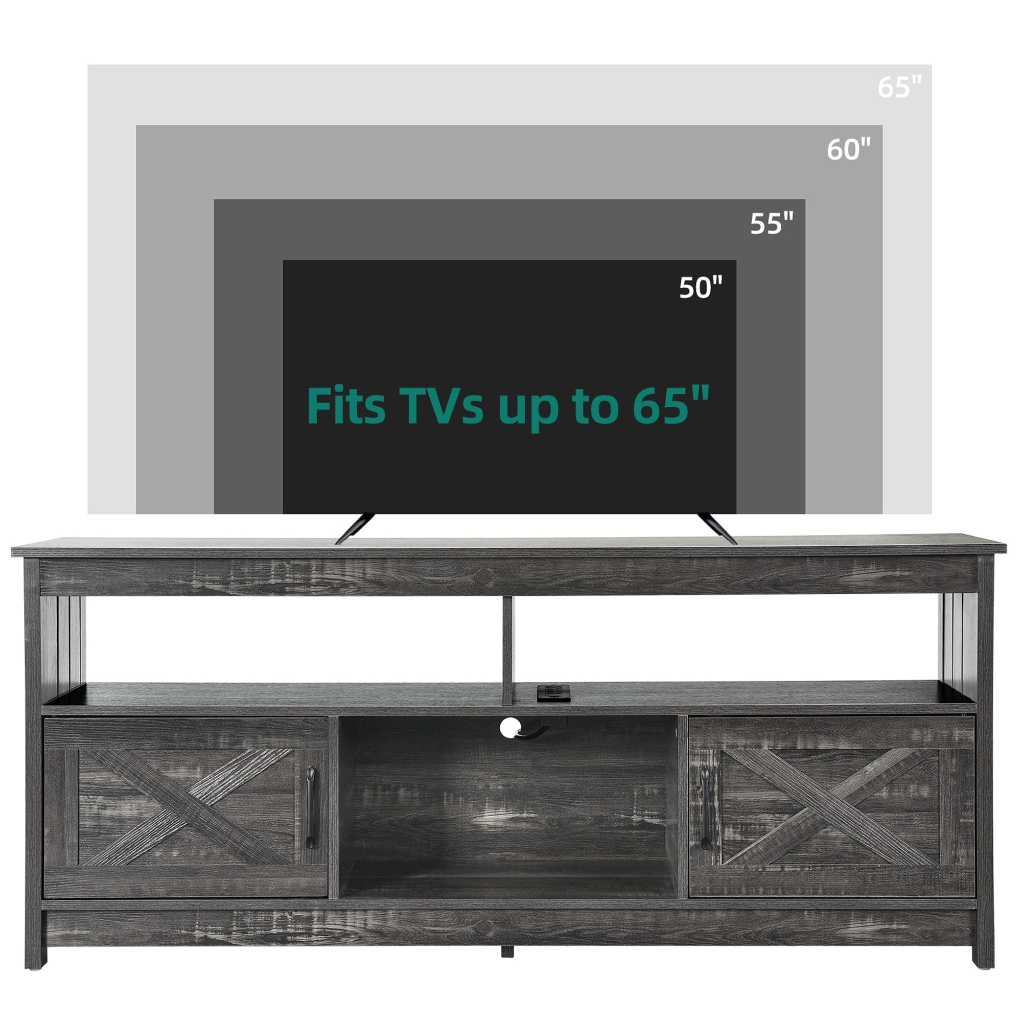 Farmhouse TV Stand for up to 65 TV with Doors and Open Shelves Media Console Power Outlet