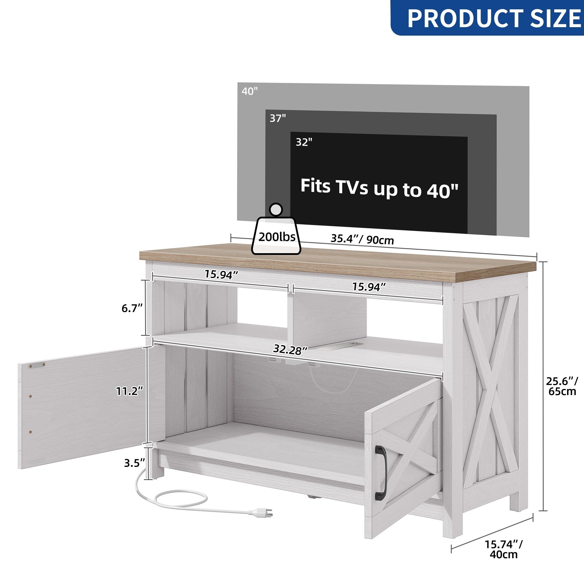 Farmhouse TV Stand for up to 65 TV with Doors and Open Shelves Media Console Power Outlet
