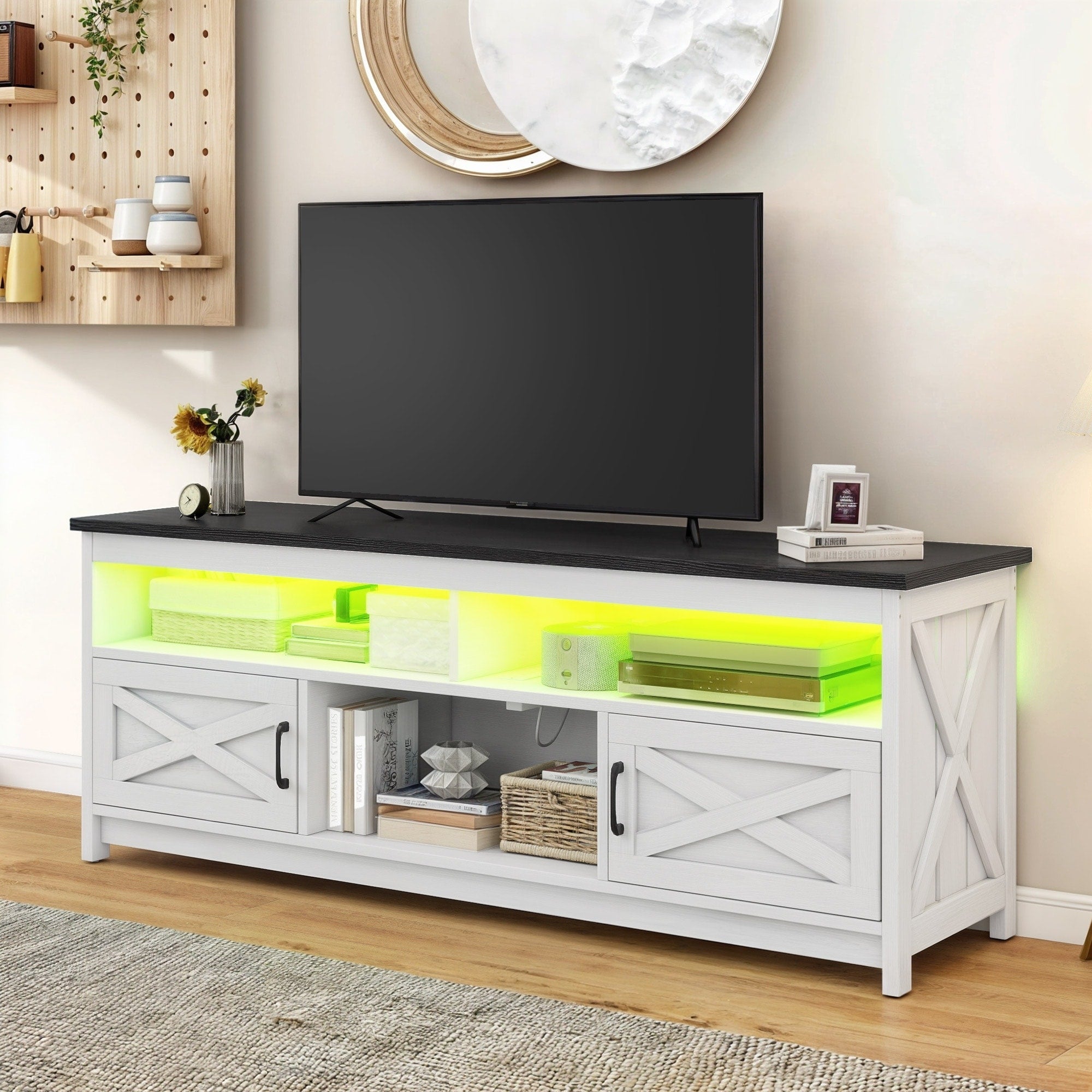 Farmhouse TV Stand for up to 65 TV with Doors and Open Shelves Media Console Power Outlet