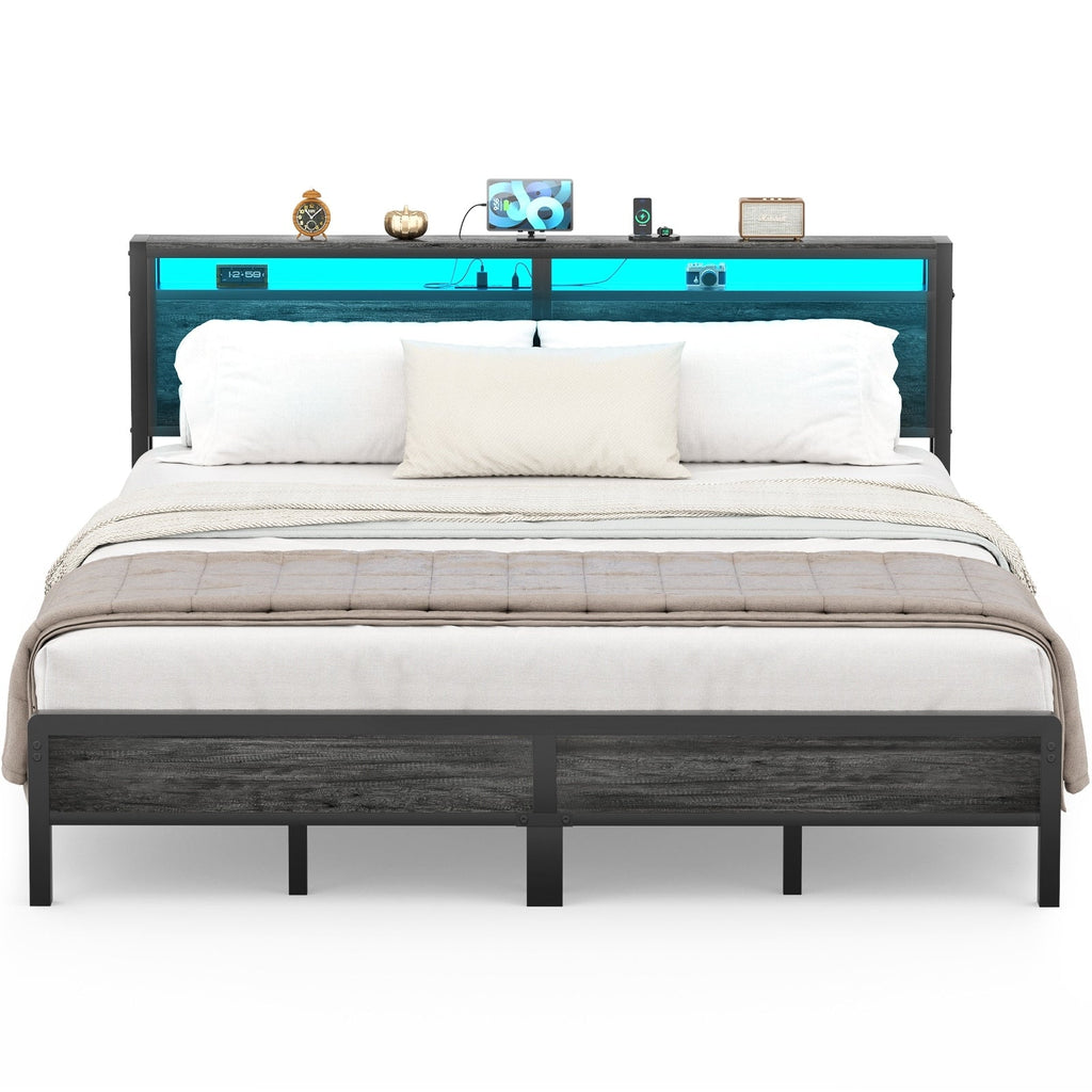 Farmhouse Wood Platform Bed Frame with Charged Station and LED Lights