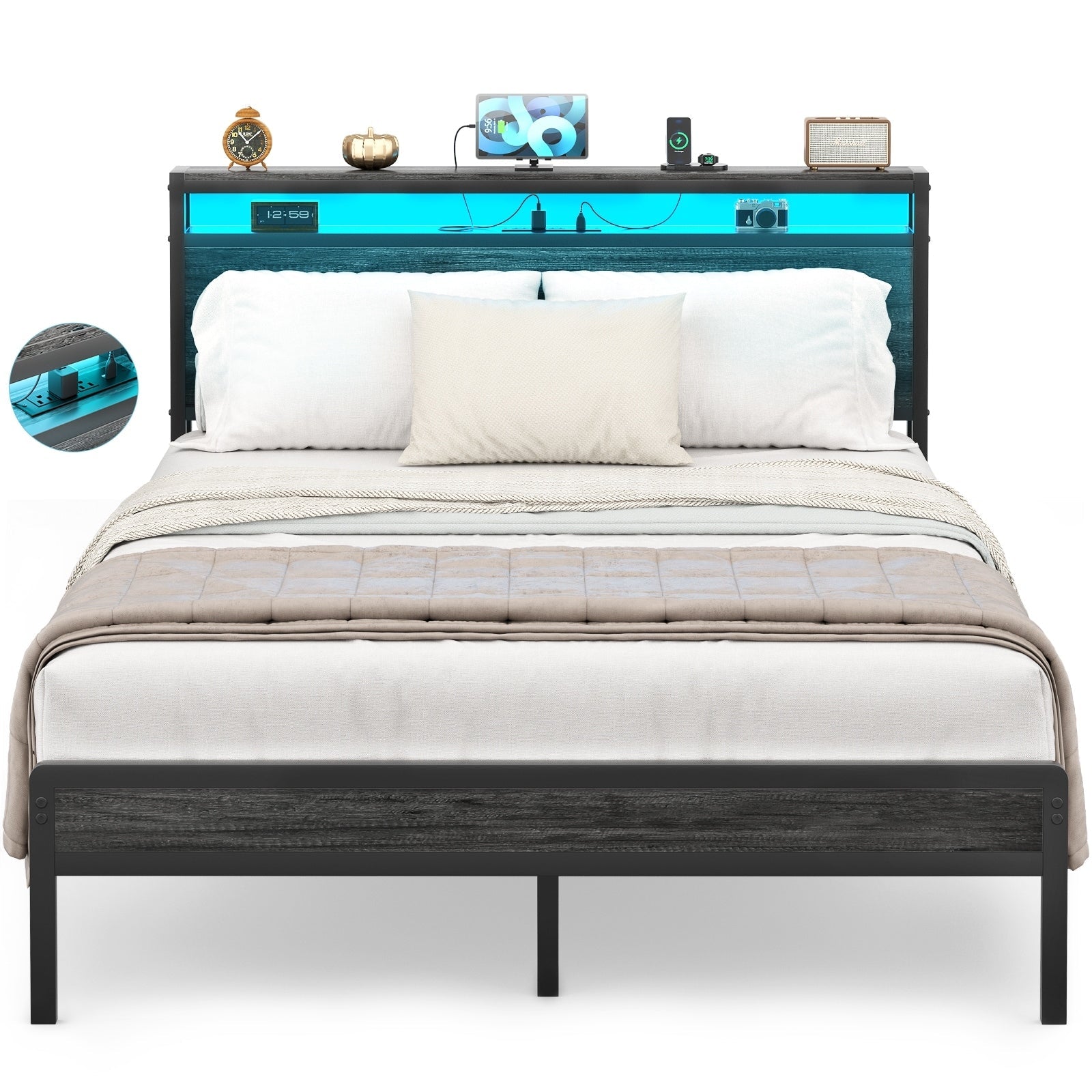 Farmhouse Wood Platform Bed Frame with Charged Station and LED Lights