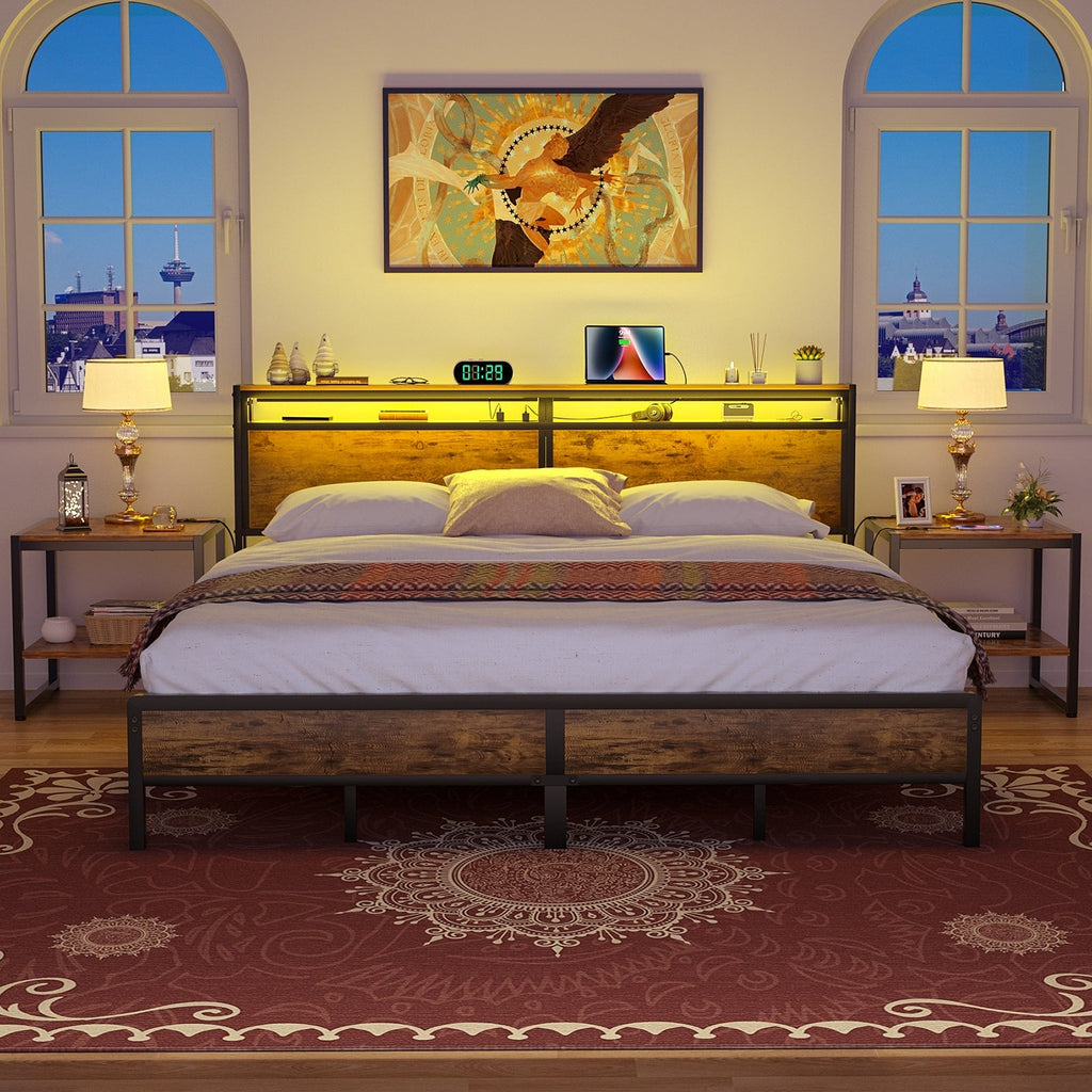 Farmhouse Wood Platform Bed Frame with Charged Station and LED Lights