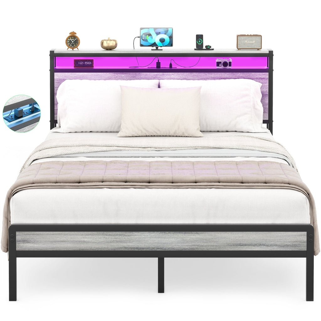 Farmhouse Wood Platform Bed Frame with Charged Station and LED Lights