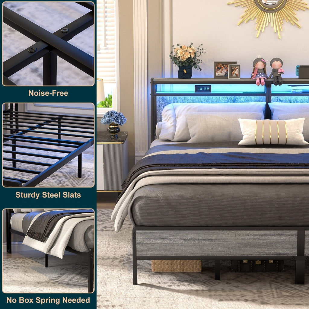Farmhouse Wood Platform Bed Frame with Charged Station and LED Lights