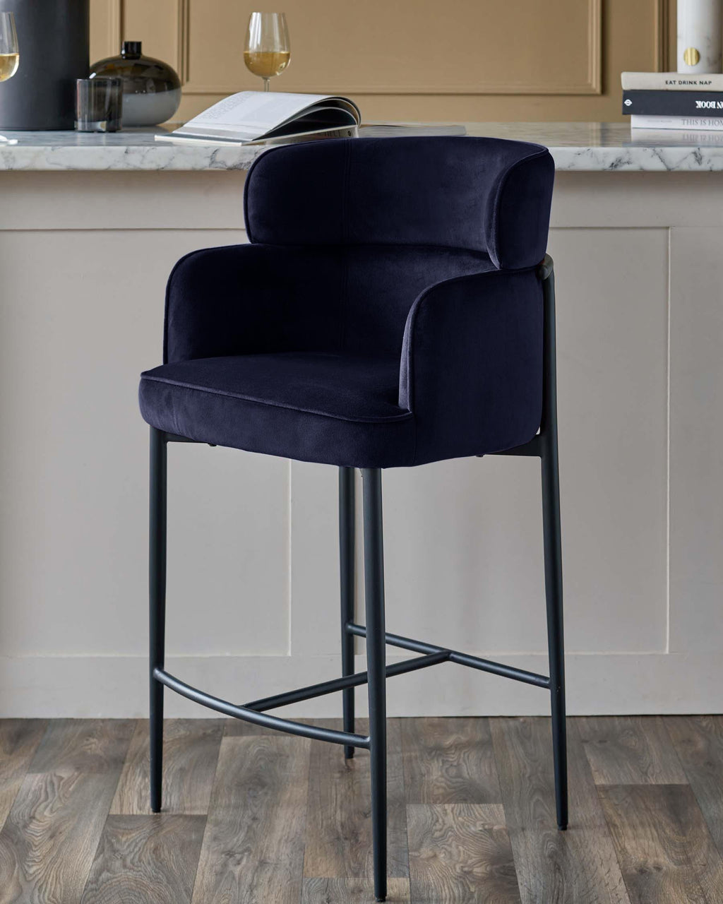 Felix dark navy velvet bar stool