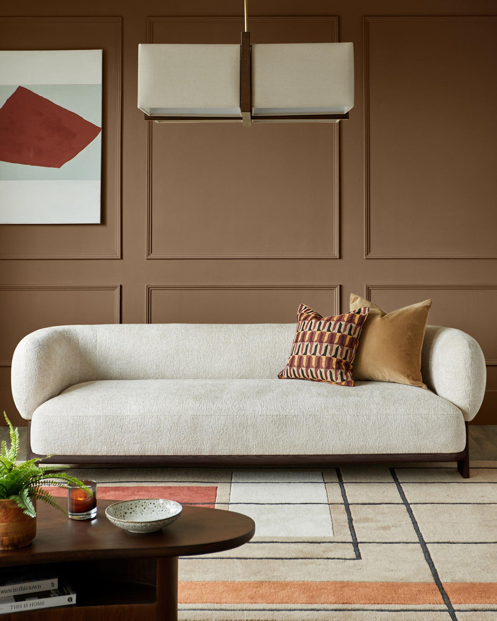 Florence natural fabric with dark wood 3 seater sofa