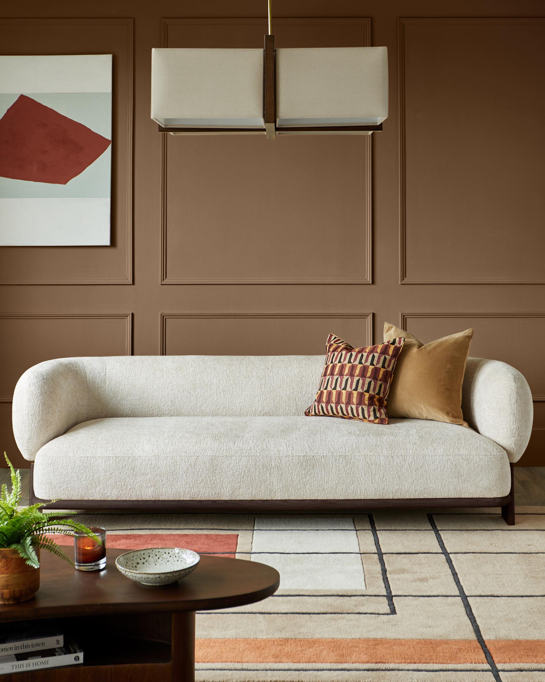 Florence natural fabric with dark wood 3 seater sofa